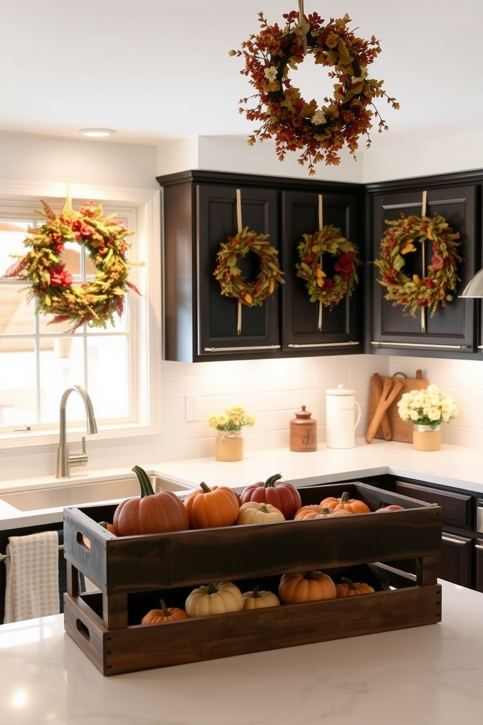 A cozy fall kitchen adorned with wreaths made of dried flowers and herbs. The wreaths, featuring rich autumn hues, hang above the windows and on cabinet doors, adding a touch of seasonal charm. The countertops are decorated with rustic wooden trays filled with pumpkins and gourds. Soft, warm lighting illuminates the space, enhancing the inviting atmosphere of the kitchen.