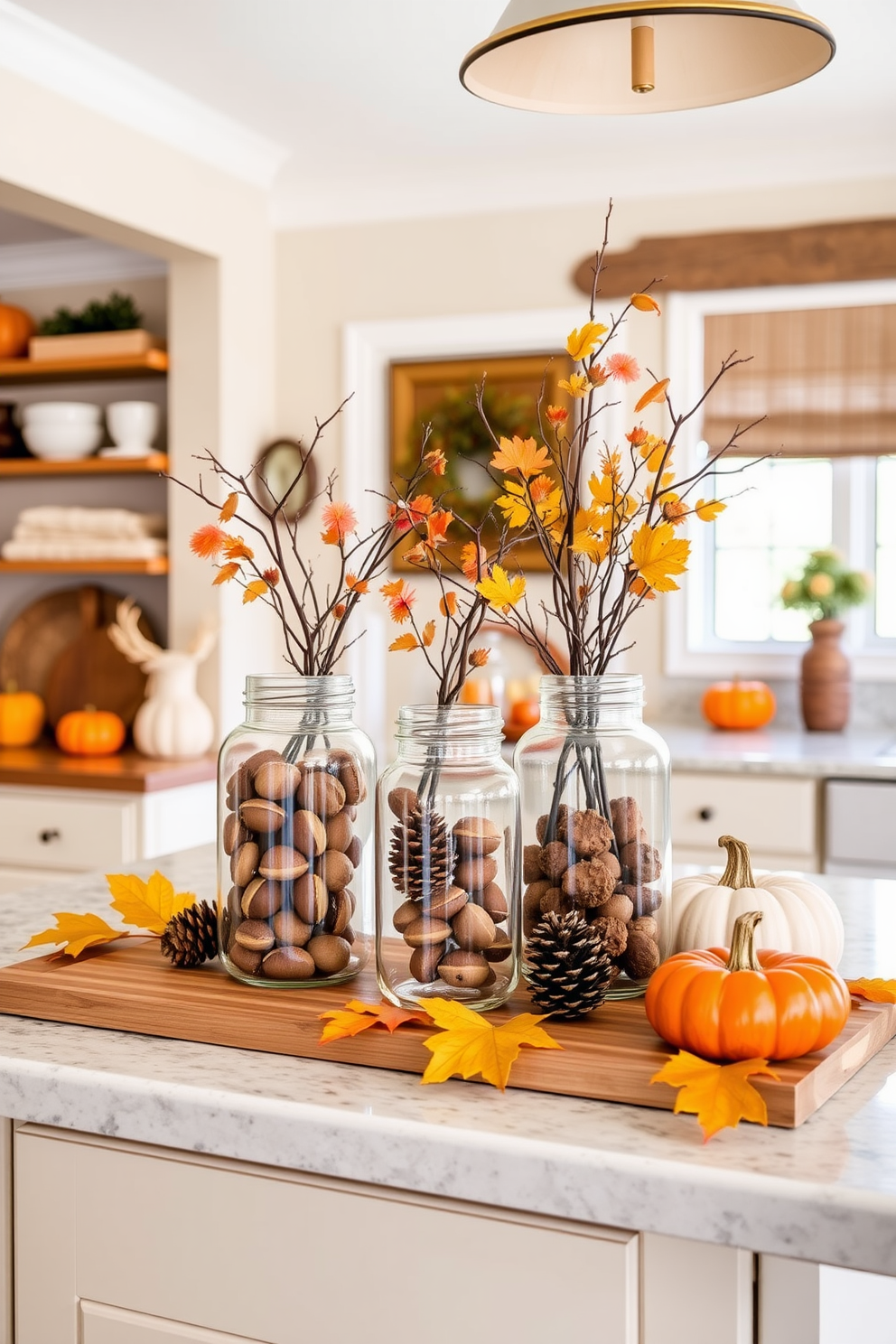 A cozy kitchen adorned for fall features glass jars filled with acorns and pinecones displayed on the countertop. Warm hues of orange and yellow are accentuated by rustic wooden elements and seasonal decorations throughout the space.