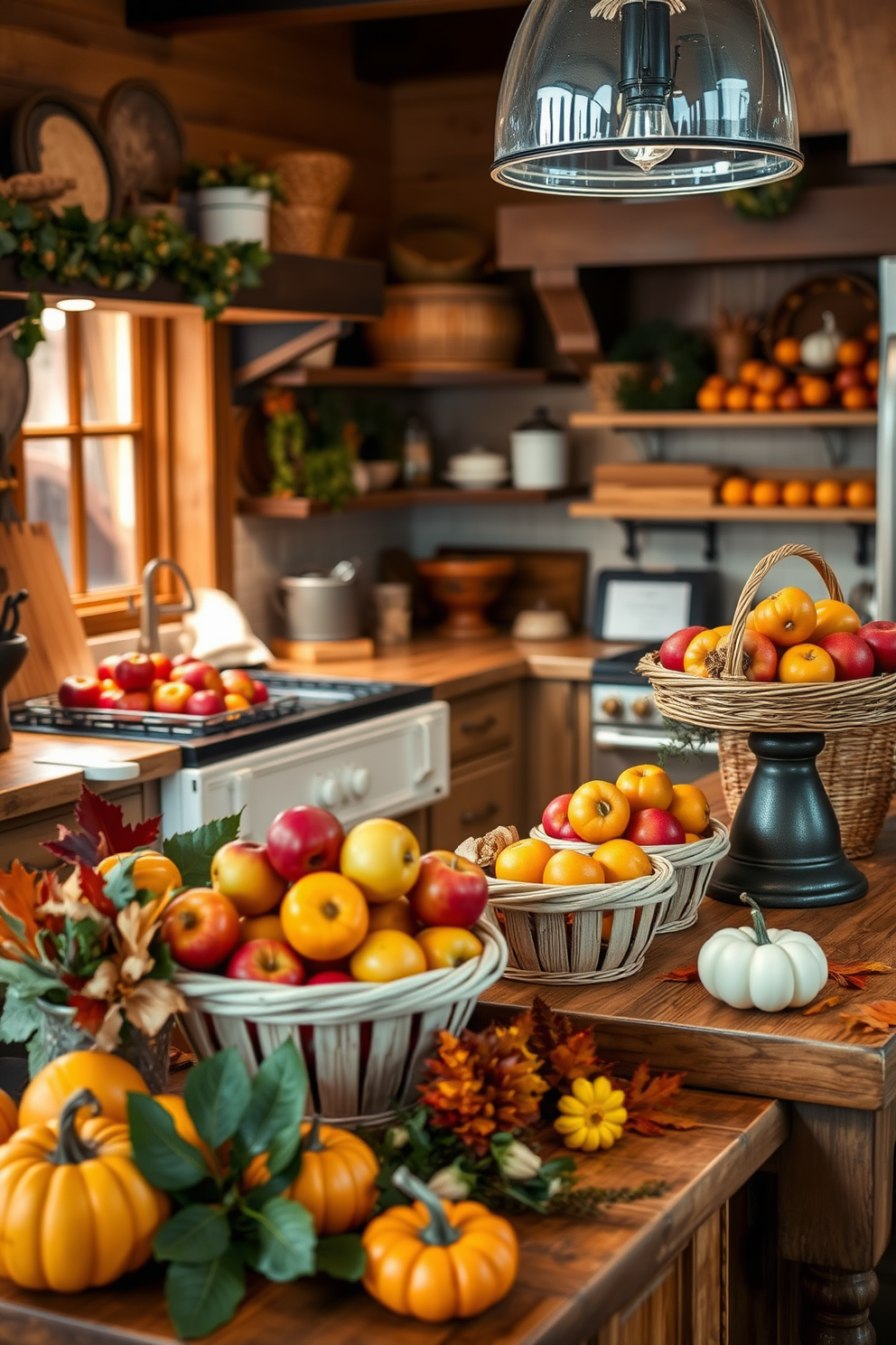 A warm and inviting kitchen filled with the rich aroma of baked goods. The countertops are adorned with baskets of fresh apples, their vibrant colors contrasting beautifully with the rustic wooden surfaces. Stylish fall decorations enhance the cozy atmosphere, featuring small pumpkins and autumn leaves scattered throughout. Soft, ambient lighting creates a welcoming glow, making the kitchen a perfect gathering place for family and friends.