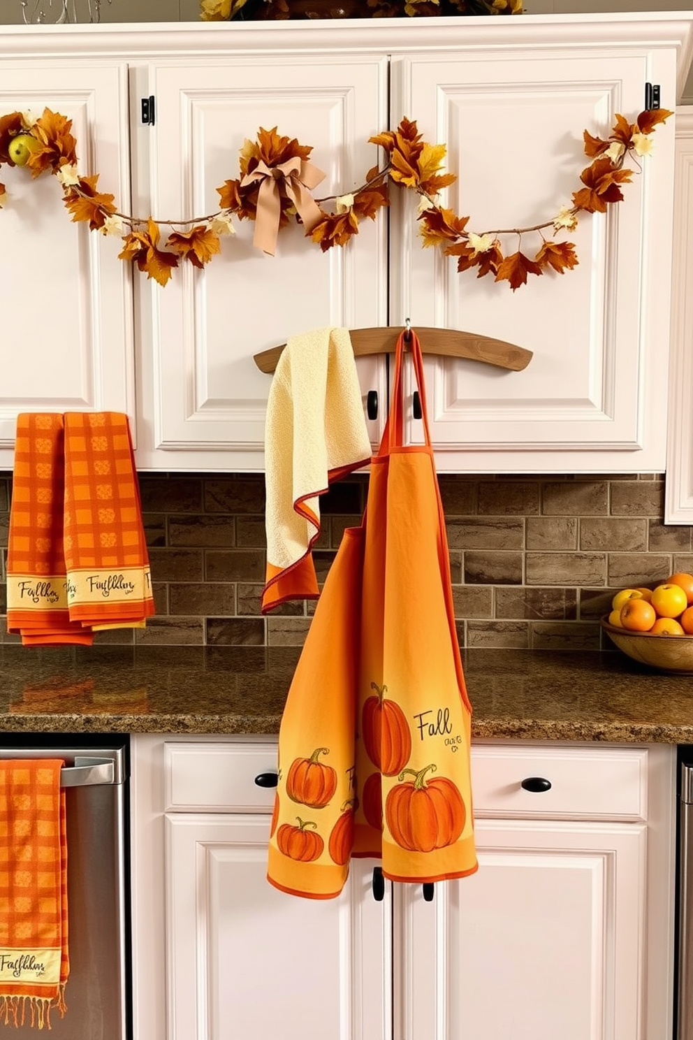 A cozy kitchen adorned with fall-themed dish towels and aprons. The towels are in warm hues of orange and yellow, featuring patterns of pumpkins and leaves, while the aprons hang neatly on a rustic wooden rack. On the countertop, a wooden bowl filled with seasonal fruits adds a touch of warmth. The space is enhanced by garlands of dried leaves draped along the cabinets, creating a festive autumn atmosphere.