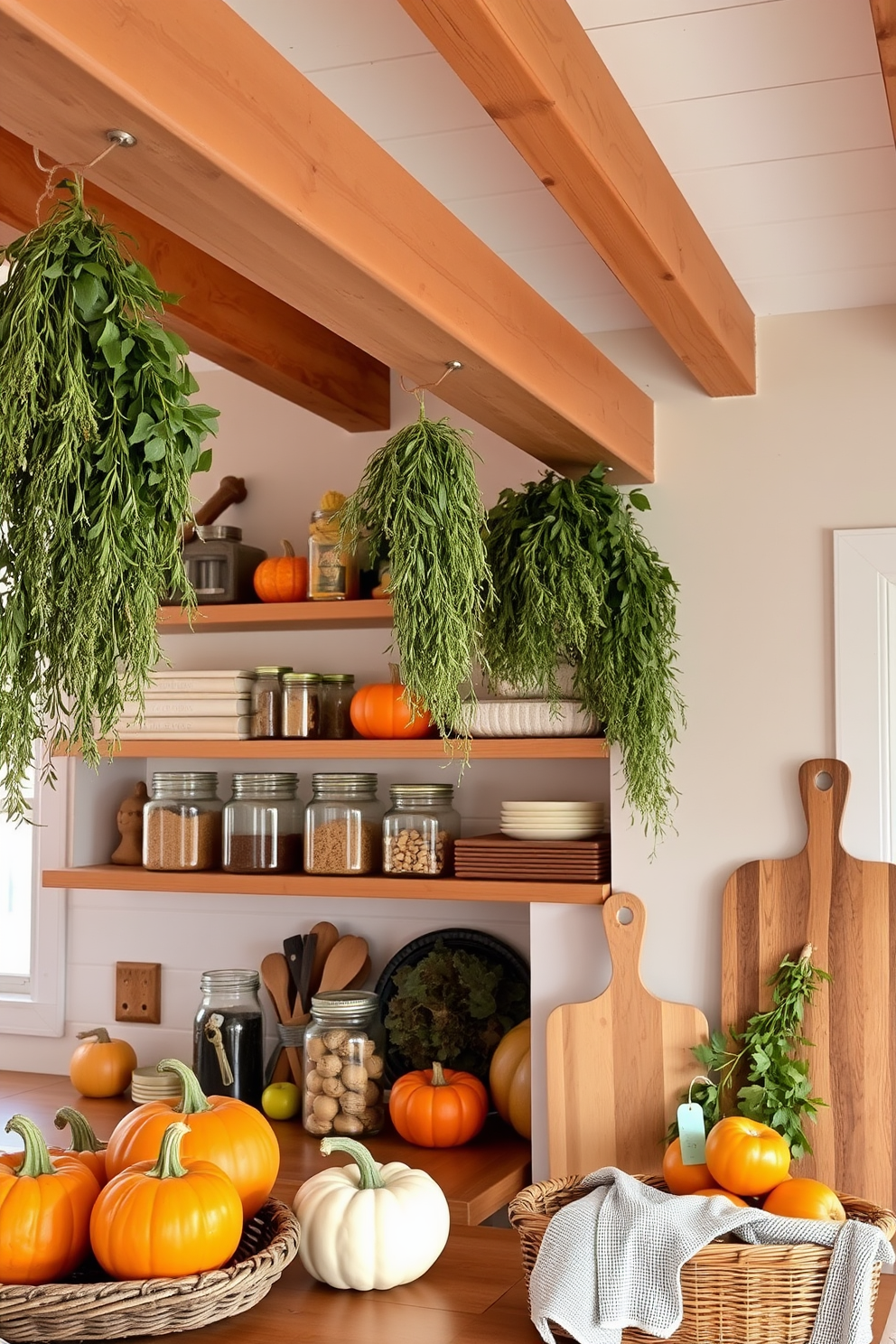 A cozy kitchen adorned with hanging dried herbs, adding a rustic charm to the space. Wooden beams frame the ceiling, while open shelves display mason jars filled with spices and seasonal decorations. Warm autumn colors dominate the decor, with pumpkins and gourds placed on the countertop. A woven basket filled with apples sits next to a vintage cutting board, enhancing the inviting atmosphere.