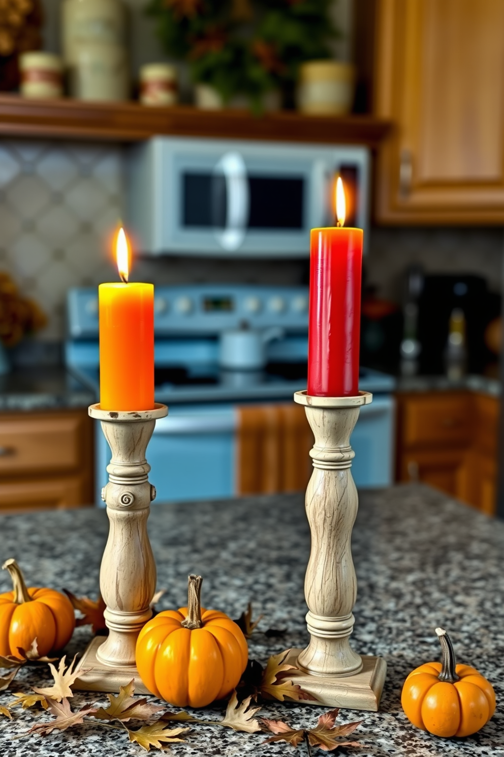 Candlestick holders made of rustic wood hold vibrant autumn candles in shades of orange and deep red. The warm glow of the candles illuminates a kitchen adorned with seasonal decorations, including small pumpkins and dried leaves scattered across the countertop.