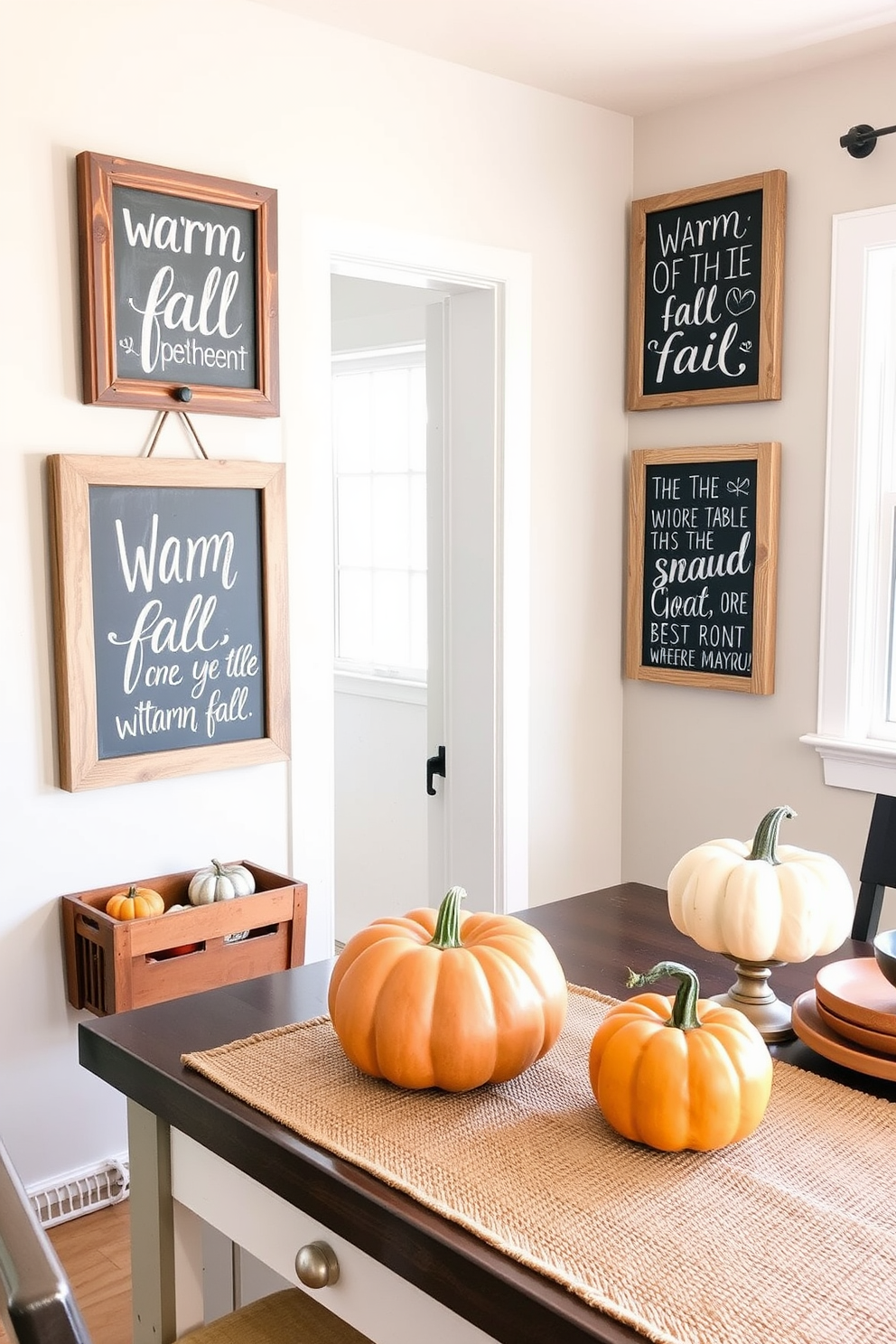 Chalkboard signs displaying warm fall quotes hang in a cozy kitchen. The signs are framed in rustic wood, adding a touch of charm to the autumn decor. The kitchen is adorned with seasonal accents such as pumpkins and gourds placed on the countertop. Warm-toned dishware and a woven table runner enhance the inviting atmosphere of the space.