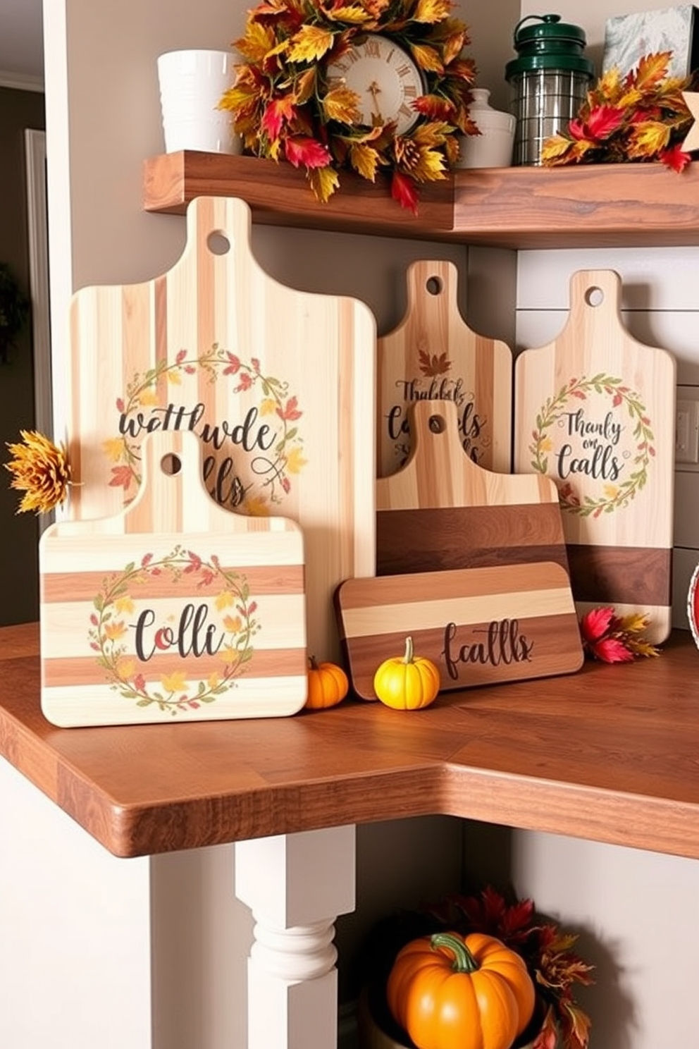 A cozy kitchen adorned with decorative cutting boards featuring seasonal designs. The cutting boards are displayed on a rustic wooden countertop, surrounded by autumn-themed decor such as small pumpkins and colorful leaves.