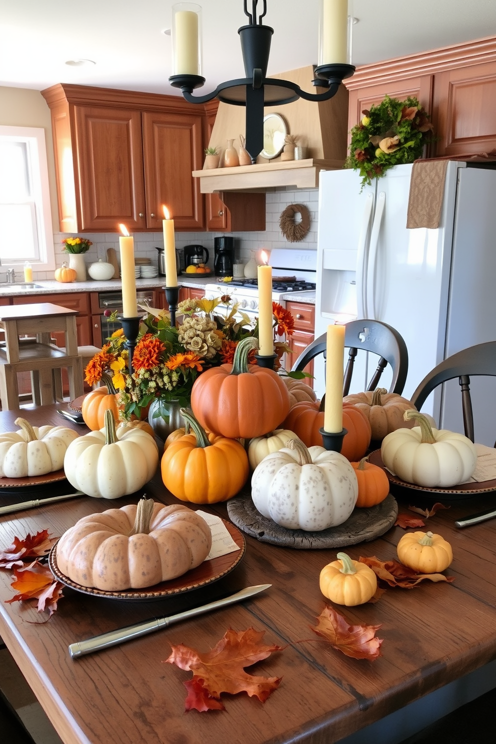 A cozy kitchen adorned for fall features a rustic wooden table set with an array of seasonal centerpieces. Vibrant pumpkins and textured gourds in various sizes are artfully arranged, complemented by warm-toned candles and dried leaves scattered around.