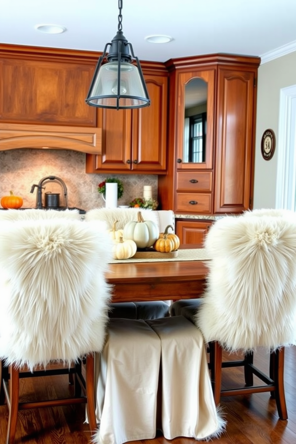 A warm and inviting kitchen adorned with faux fur accents. Soft faux fur throws are draped over the dining chairs, adding a touch of comfort to the space. The kitchen features rich wooden cabinets and a rustic farmhouse table. Autumn-inspired decor, such as pumpkins and gourds, are artfully arranged on the countertop.