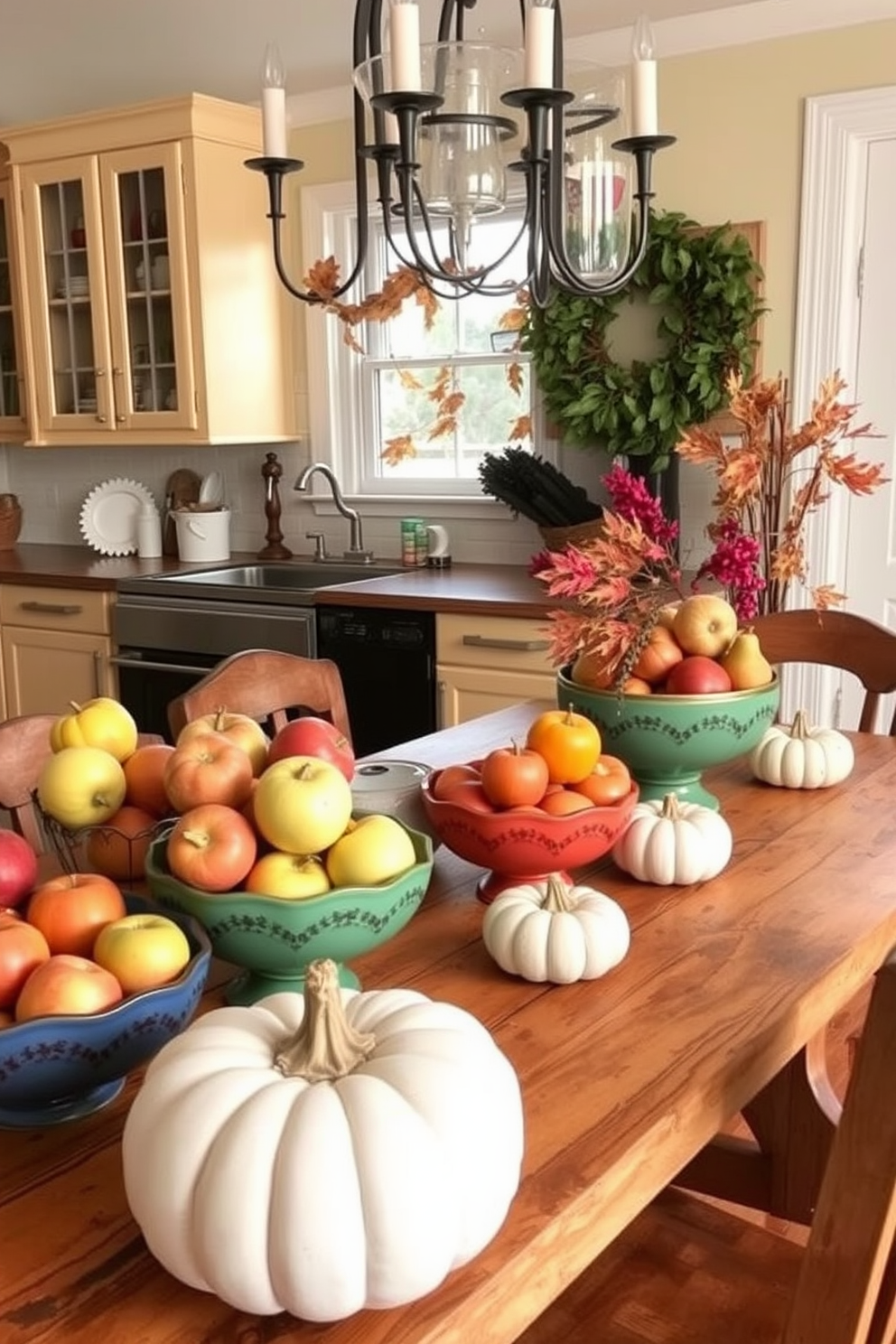 A cozy kitchen adorned for fall. There are vibrant bowls filled with seasonal fruits like apples, pears, and pumpkins arranged on a rustic wooden table.