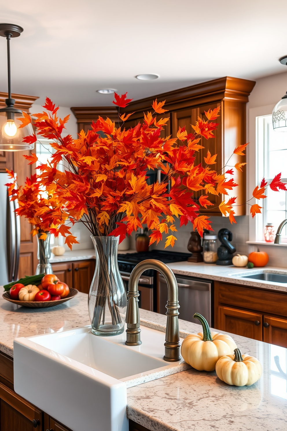 A cozy kitchen adorned with colorful fall leaves in elegant vases. The warm hues of orange, red, and yellow create a vibrant atmosphere, complementing the rustic wooden cabinets and the farmhouse sink. The countertops are decorated with seasonal fruits and decorative pumpkins, enhancing the autumn theme. Soft lighting from pendant fixtures casts a welcoming glow, inviting family and friends to gather in this festive space.