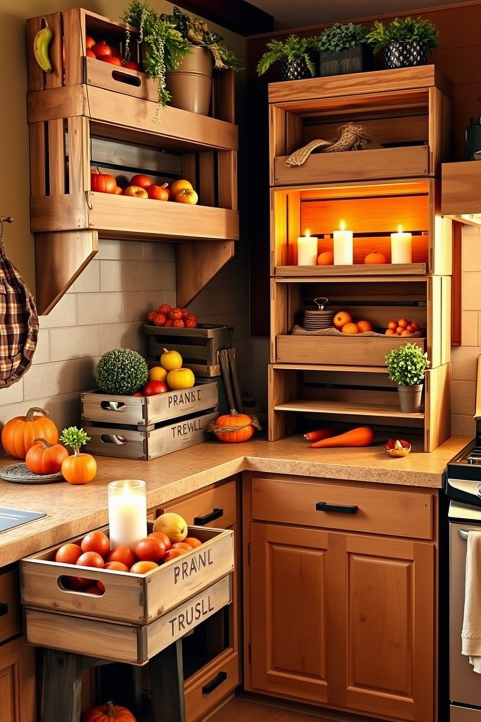 A cozy fall kitchen decorated with rustic wooden crates used for both storage and decor. The crates are stacked against the wall, filled with seasonal fruits and vegetables, adding warmth and charm to the space. On the countertops, small potted plants and candles are placed atop the crates, creating an inviting atmosphere. Warm, earthy tones dominate the color scheme, complemented by soft lighting that enhances the rustic feel.