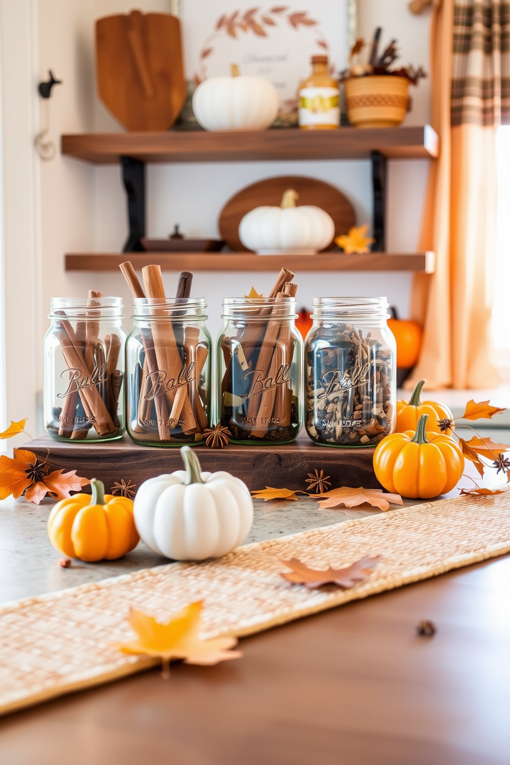 A cozy kitchen adorned for fall features mason jars filled with an array of autumn spices like cinnamon sticks, star anise, and cloves. The jars are artfully arranged on a rustic wooden shelf, complemented by small pumpkins and dried leaves scattered around them. Warm hues of orange and gold dominate the decor, creating an inviting atmosphere. Soft lighting enhances the seasonal charm, with a woven table runner showcasing the natural beauty of the harvest.