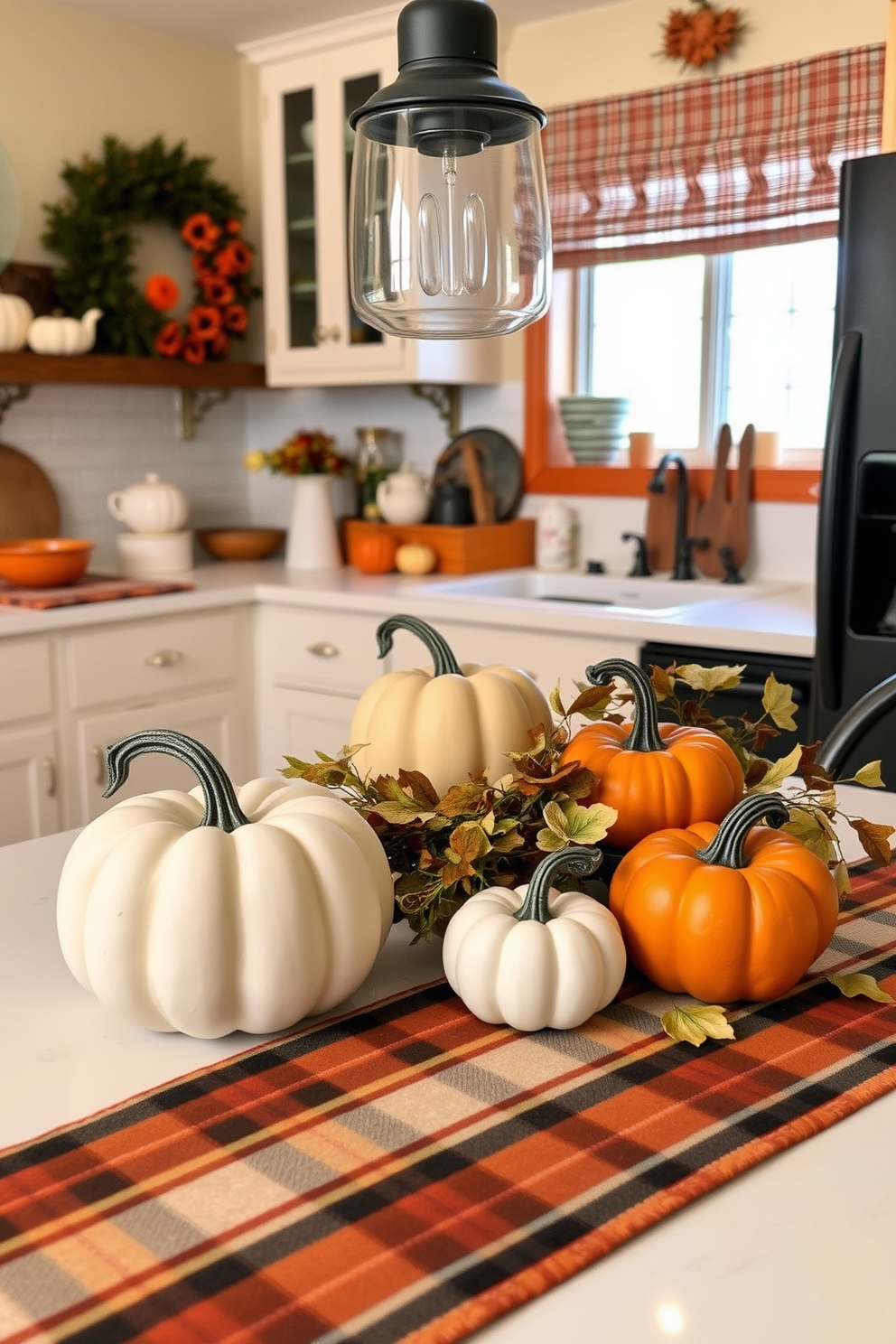 A warm and inviting kitchen adorned with decorative pumpkins in various sizes. The pumpkins are arranged on the countertop, complemented by autumn-themed dishware and a cozy plaid table runner.