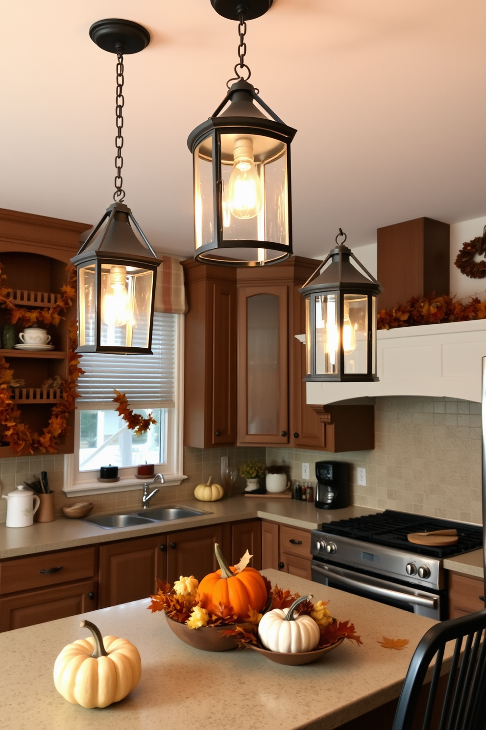 A cozy kitchen adorned with hanging lanterns that provide soft, warm lighting. The decor features autumn-themed accents such as pumpkins and garlands made of leaves, creating a welcoming atmosphere.