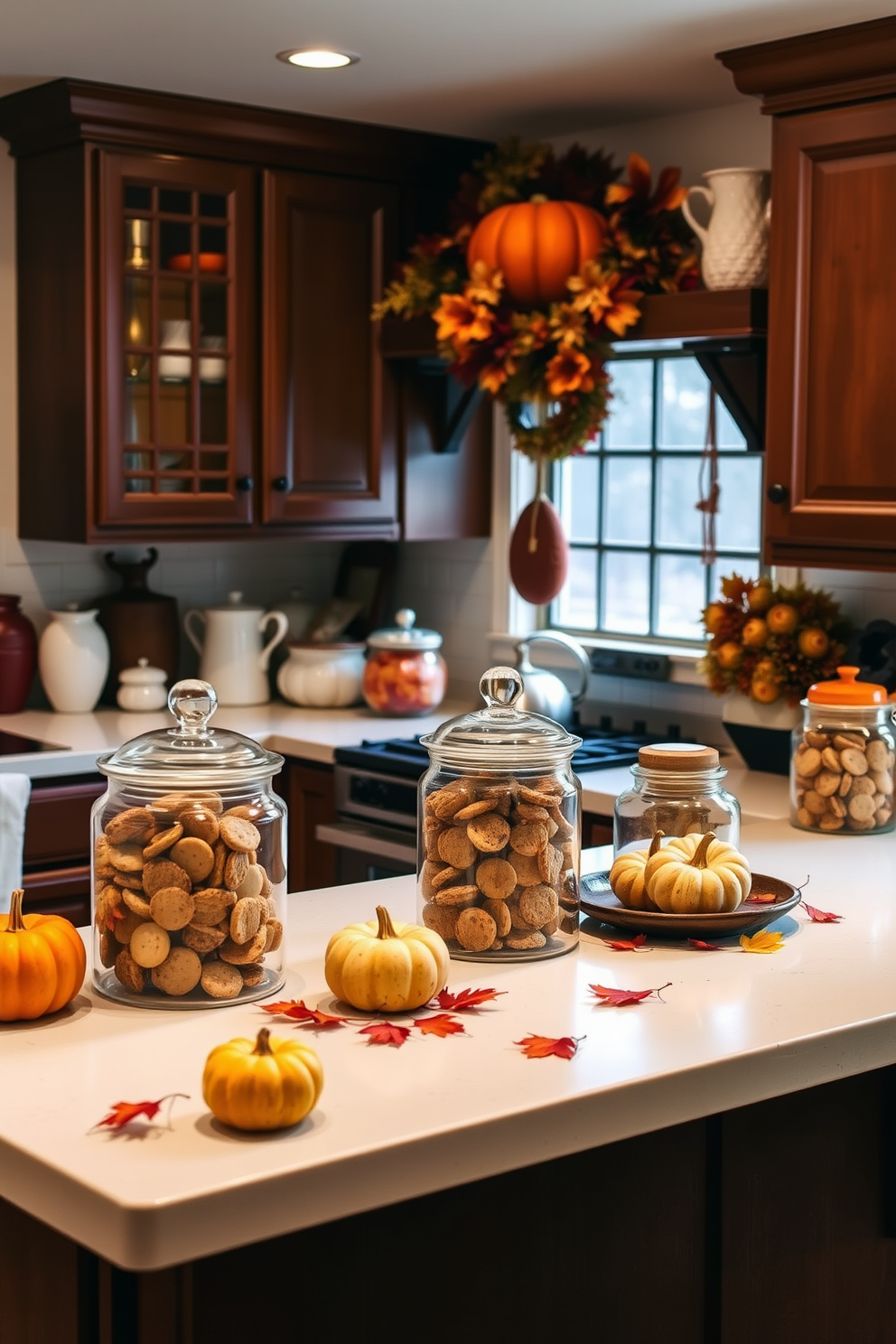 A cozy kitchen adorned for fall features seasonal cookie jars in various shapes and sizes displayed prominently on the countertops. The warm color palette includes rich oranges, deep reds, and earthy browns, complemented by decorative elements like small pumpkins and autumn leaves scattered around.