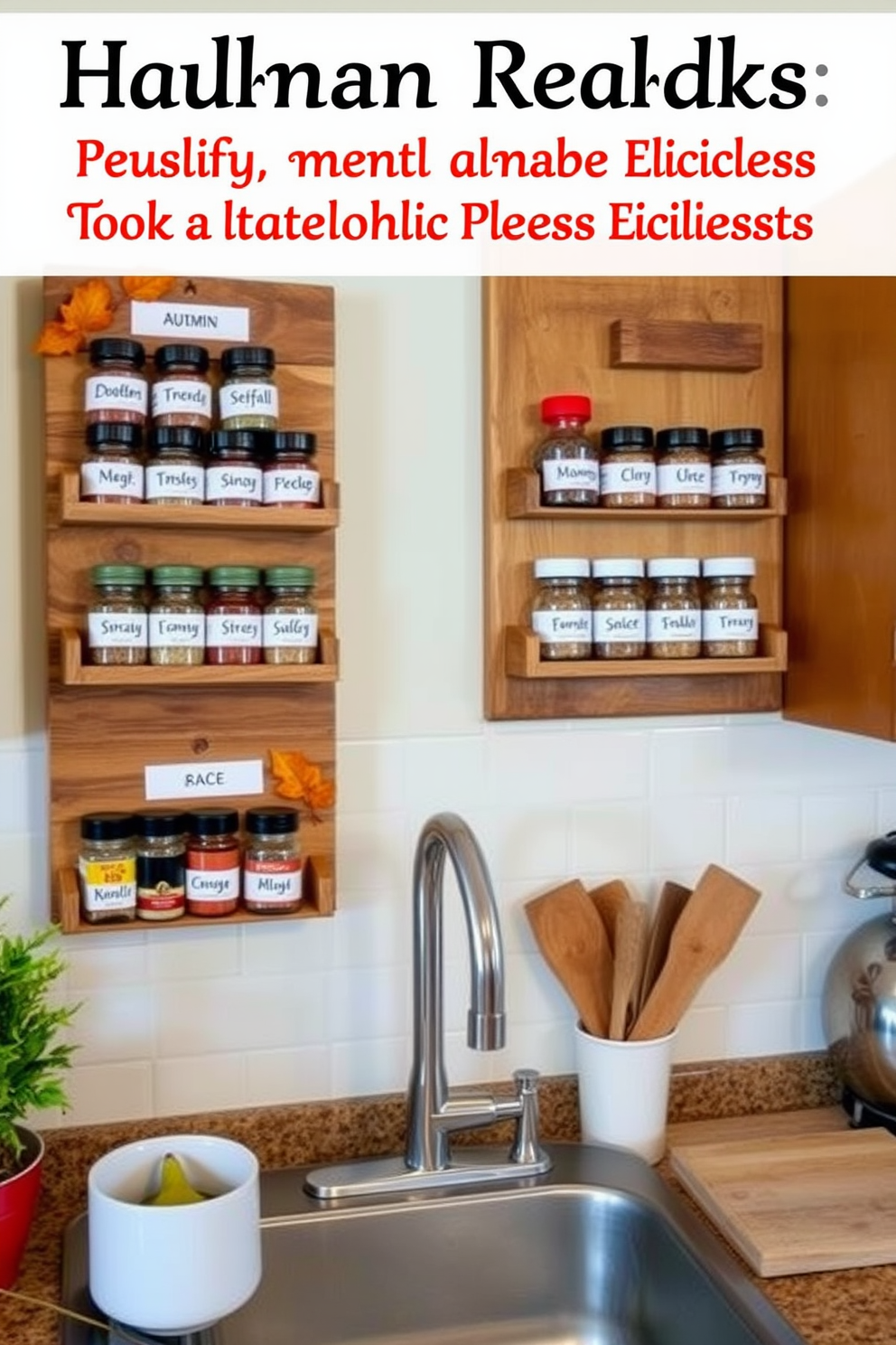 A warm and inviting kitchen setting featuring wall-mounted spice racks adorned with autumn-themed labels. The spice racks are made of reclaimed wood, adding a rustic charm to the space, while a cozy fall color palette enhances the seasonal atmosphere.