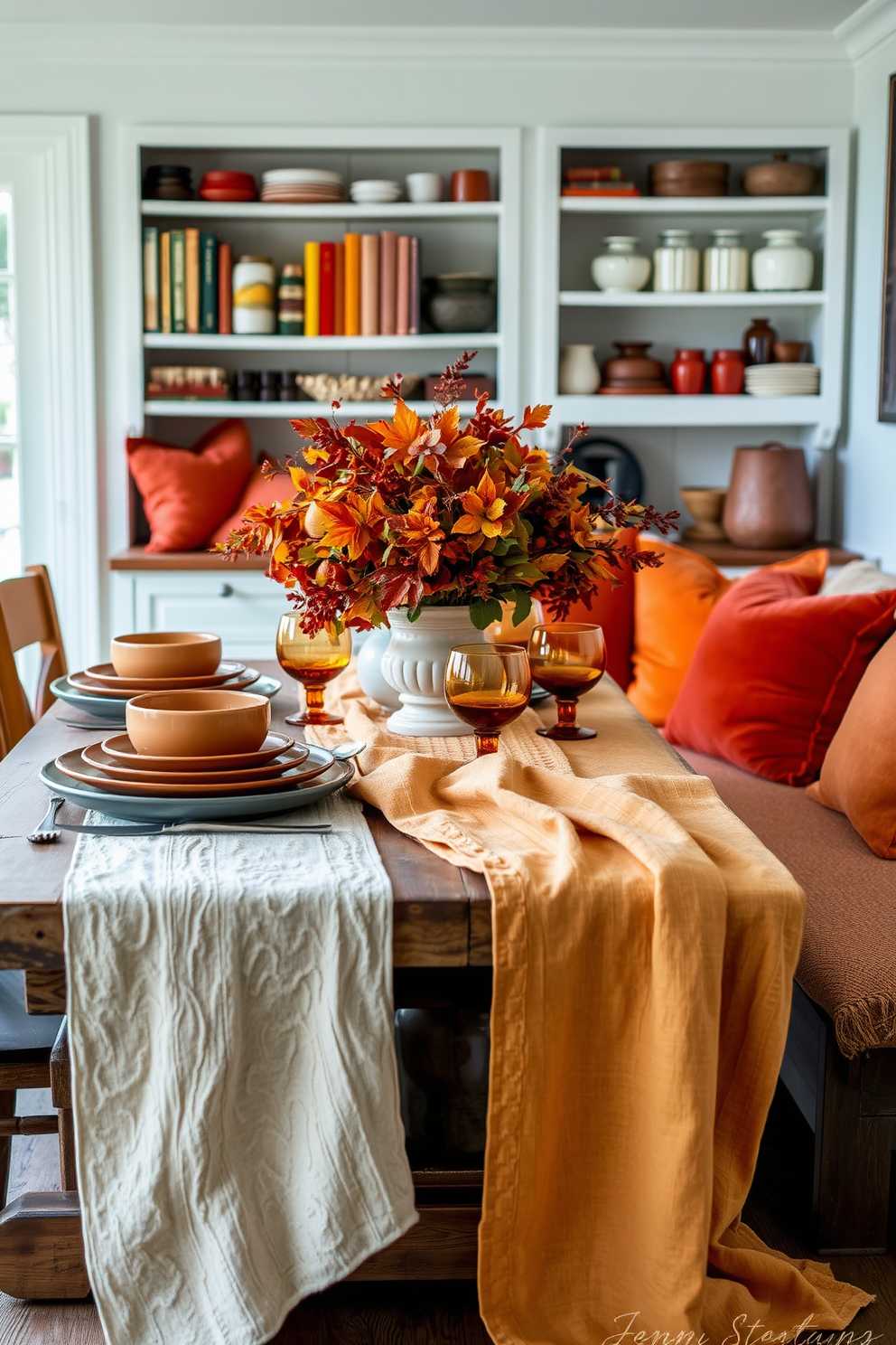 Textured linens in warm autumn hues drape elegantly over a rustic wooden dining table. The table is set with ceramic plates in earthy tones, complemented by amber glassware and a centerpiece of seasonal fruits and foliage. The kitchen features open shelving showcasing colorful cookbooks and vintage jars. A cozy nook is adorned with plush cushions in rich oranges and deep reds, inviting family gatherings and festive meals.