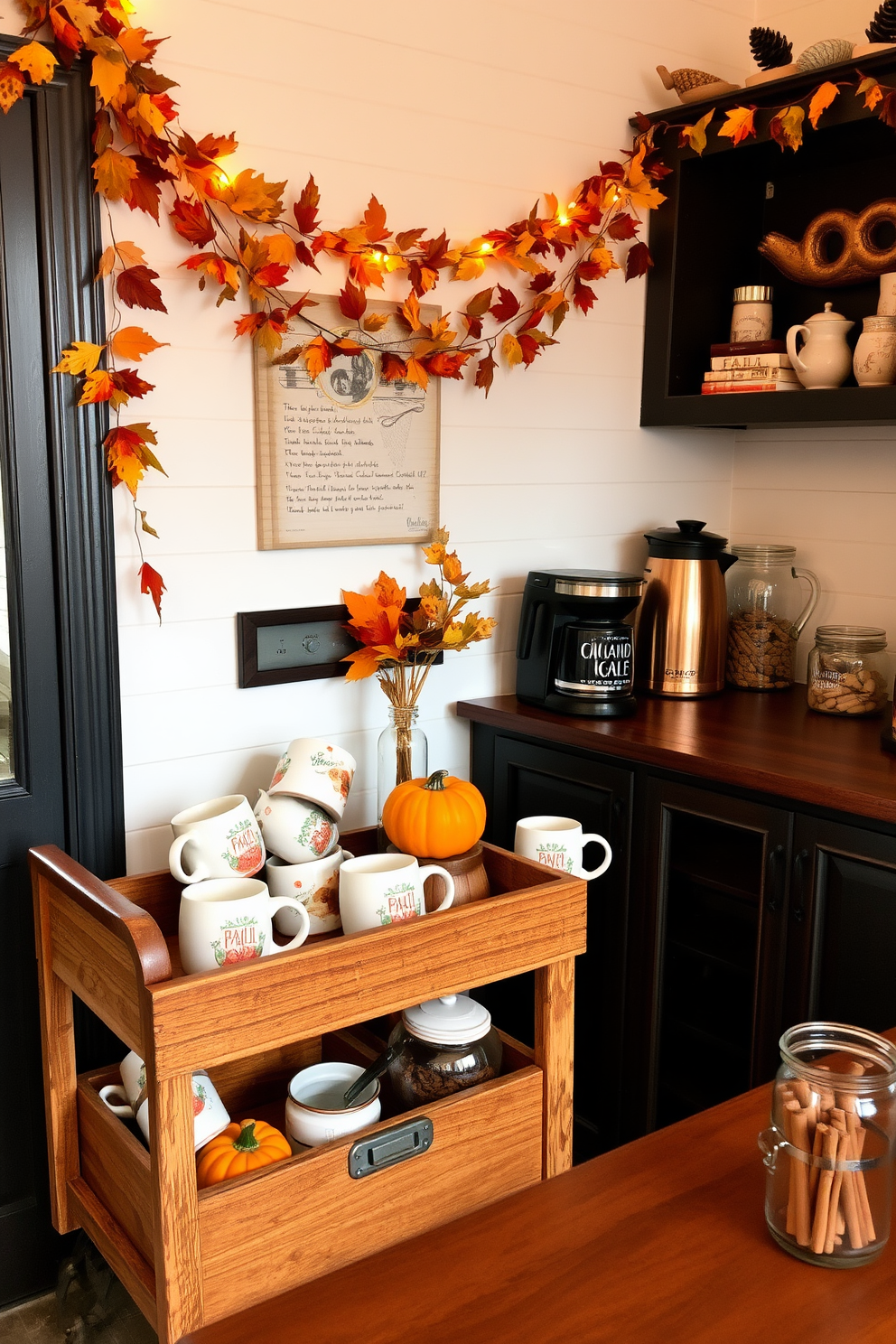 A cozy coffee station featuring warm autumn colors and textures. The station includes a rustic wooden cart with a selection of fall-themed coffee mugs and a small pumpkin centerpiece. The walls are adorned with seasonal decorations like garlands of leaves and twinkling fairy lights. A rich, dark wood countertop is complemented by a copper coffee maker and a jar of cinnamon sticks.