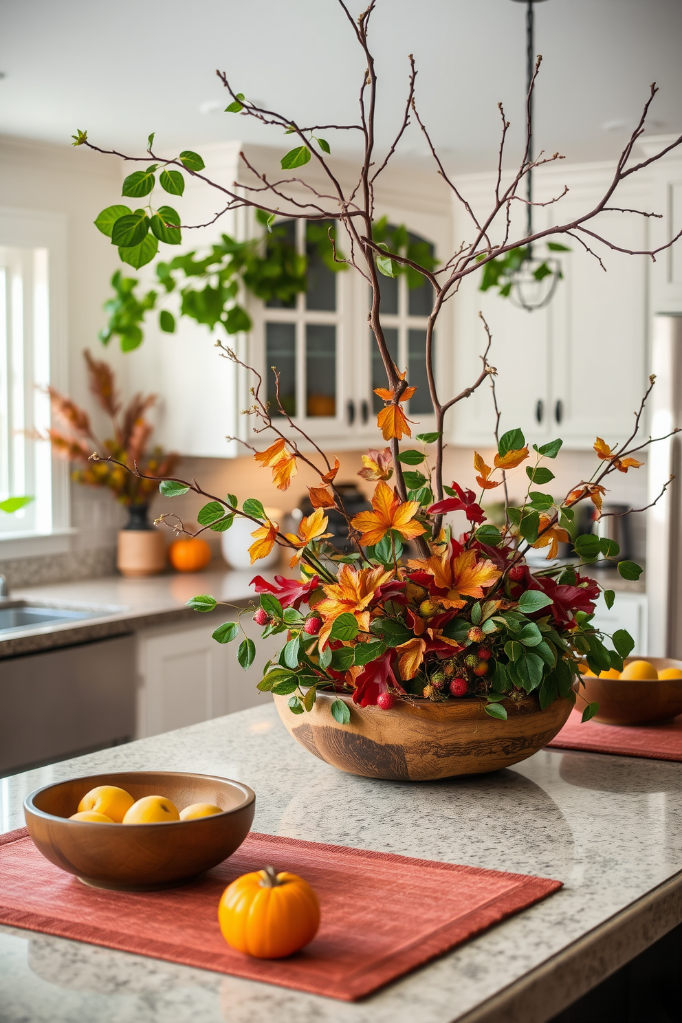 A cozy kitchen adorned with nature-inspired decor featuring lush green leaves and elegant branches. The countertops are decorated with wooden bowls filled with seasonal fruits and a centerpiece of vibrant foliage. Warm autumn colors dominate the space, with rich oranges and deep reds accentuating the decor. Soft, ambient lighting highlights the textures of the natural elements, creating an inviting atmosphere perfect for fall gatherings.