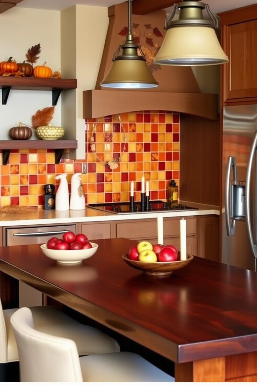 A cozy fall-themed kitchen featuring a backsplash adorned with warm-toned tiles in shades of orange, yellow, and deep red. The backsplash is complemented by rustic wooden shelves displaying seasonal decor like small pumpkins and autumn leaves. The kitchen island is topped with a rich dark wood surface, surrounded by bar stools upholstered in soft cream fabric. A bowl of fresh apples and a few candles add a touch of warmth to the space, enhancing the inviting atmosphere of the fall season.