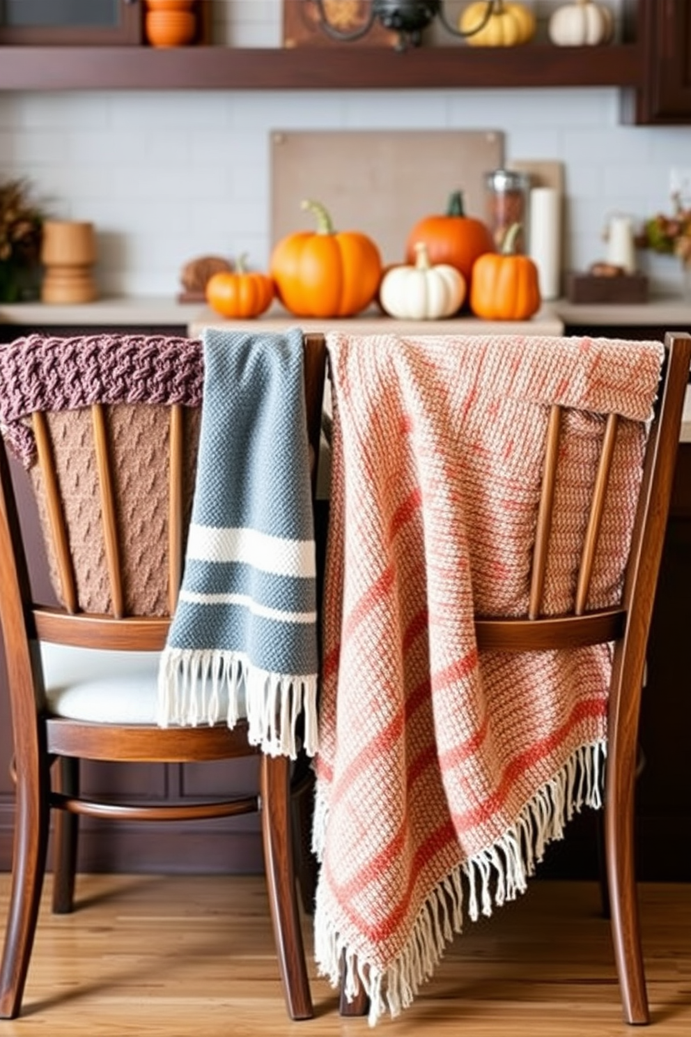 Cozy throw blankets draped over wooden kitchen chairs create a warm and inviting atmosphere. The kitchen features autumn-themed decor with pumpkins and gourds arranged on the countertop, complemented by warm-toned accents throughout.