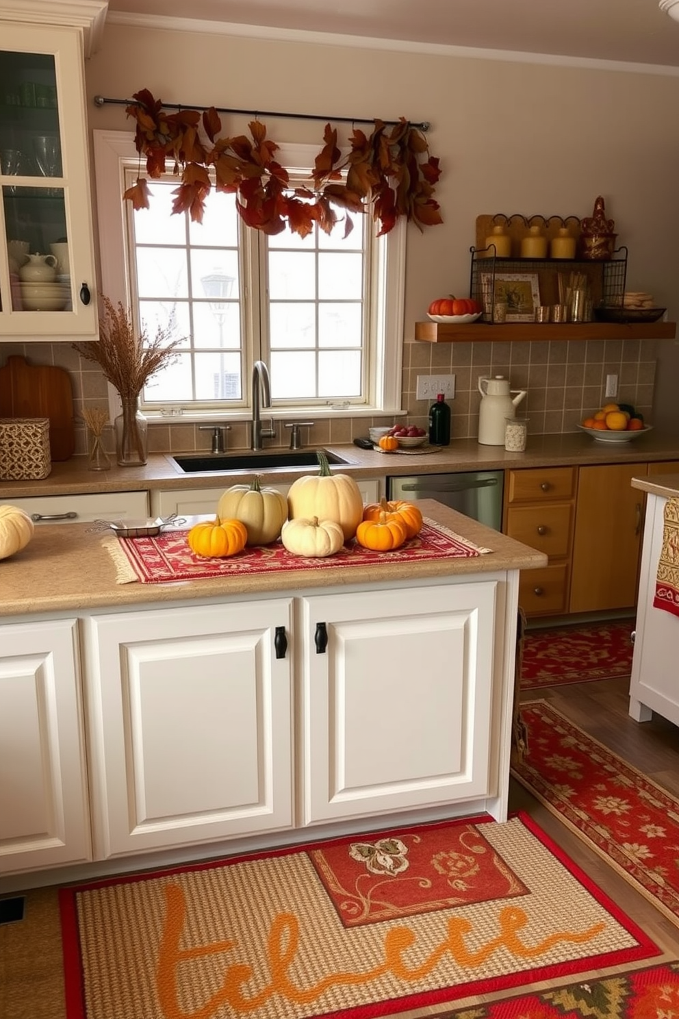 A cozy kitchen adorned with layered rugs that add warmth and texture to the space. The first rug is a large neutral jute mat, topped with a smaller patterned rug in warm autumn colors, creating a welcoming atmosphere. Seasonal decor elements enhance the fall theme, featuring pumpkins and gourds arranged on the countertop. A garland of dried leaves drapes elegantly above the kitchen window, complementing the warm tones of the layered rugs.