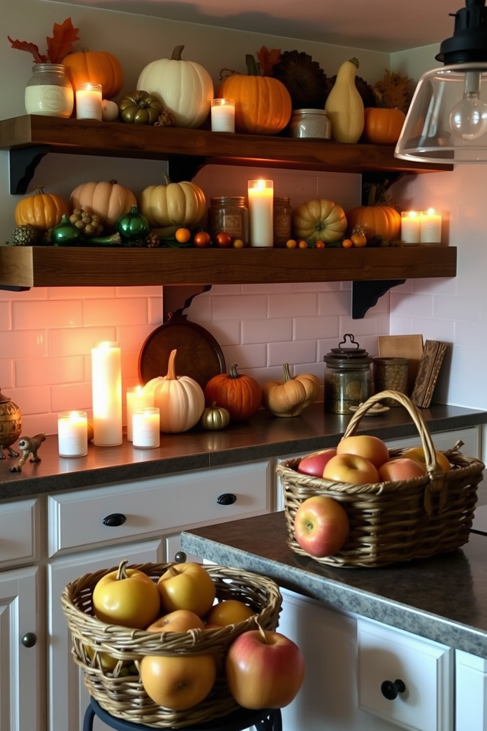 A cozy fall kitchen adorned with scented candles in seasonal fragrances. The warm glow of the candles complements the rich autumn colors of the decor, creating a welcoming atmosphere. Rustic wooden shelves display an array of pumpkins and gourds, enhancing the seasonal vibe. A woven basket filled with apples sits on the counter, adding a touch of natural charm.