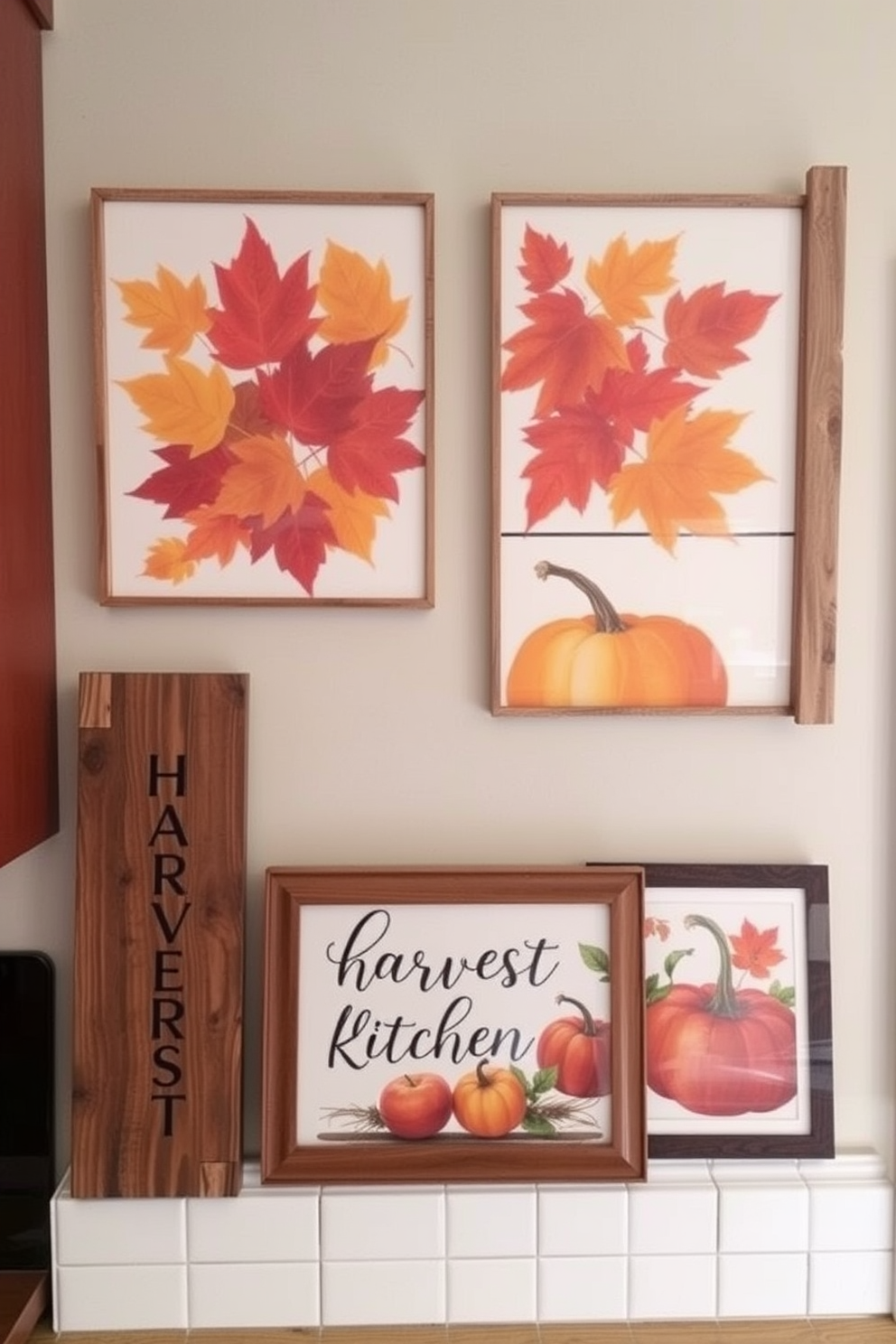 Harvest themed wall art featuring vibrant autumn leaves and pumpkins arranged in a rustic wooden frame. The prints showcase warm colors that complement the cozy atmosphere of a fall kitchen. Decorative elements include a wooden sign with a harvest quote and framed prints of seasonal produce. These pieces add a touch of nature and warmth to the kitchen, enhancing the overall fall decor.