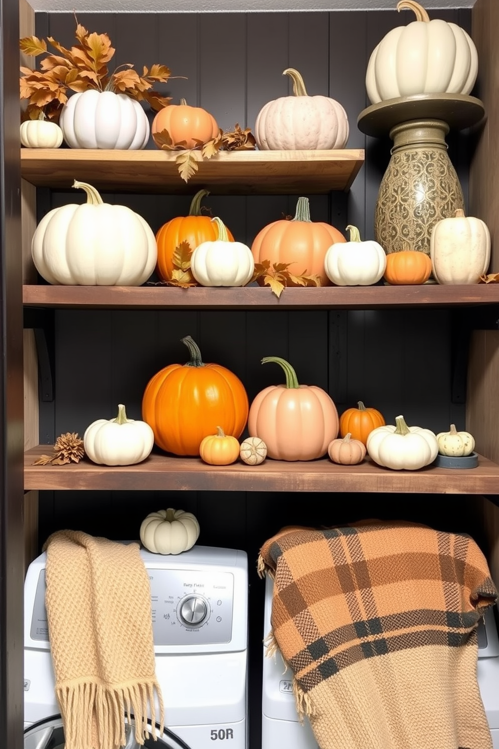 Cozy pumpkin displays on shelves create a warm and inviting atmosphere. The shelves are adorned with various sizes of pumpkins, some painted in soft pastels and others in traditional orange, surrounded by autumn leaves and small decorative gourds. Fall laundry room decorating ideas incorporate seasonal elements to enhance functionality. Add a rustic wooden shelf for displaying pumpkins and seasonal decor, and use warm-toned textiles like plaid or knitted throws to create a cozy feel.