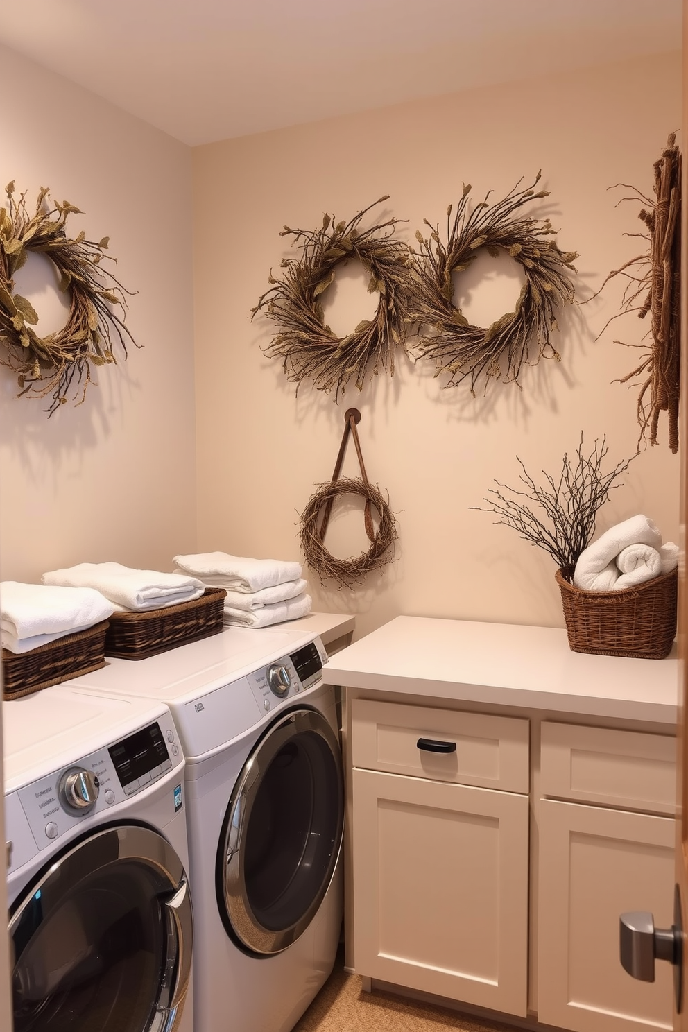 A cozy laundry room adorned with wreaths made of dried leaves and twigs. The walls are painted in a soft beige, complementing the rustic charm of the natural decor. A spacious countertop is lined with wicker baskets filled with neatly folded towels and linens. Soft, ambient lighting casts a warm glow over the room, enhancing the inviting atmosphere.