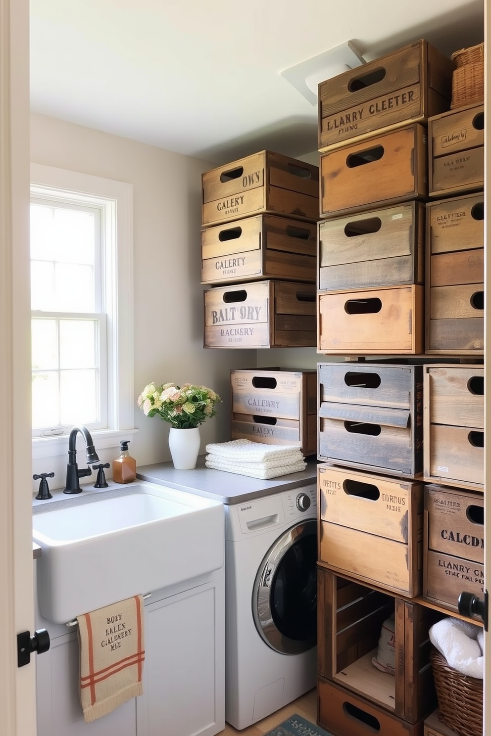 A cozy laundry room featuring vintage wooden crates stacked for rustic storage solutions. The walls are painted in a soft cream color, and a farmhouse-style sink sits next to a window, allowing natural light to brighten the space.