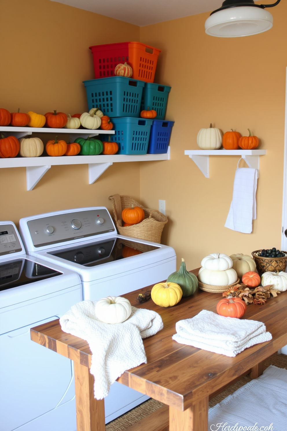 A cozy laundry room filled with colorful gourds scattered across the countertops and shelves. The walls are painted in a warm beige tone, creating an inviting atmosphere for seasonal decorating. Brightly colored baskets are neatly arranged, adding a playful touch to the space. A rustic wooden table serves as a workspace, adorned with autumn-themed decor and soft, fluffy towels.