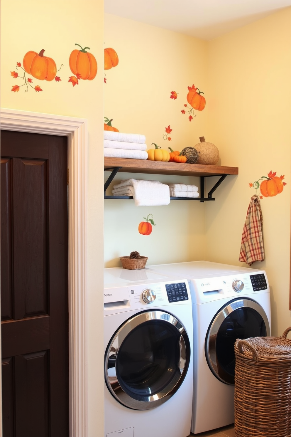 A cozy laundry room adorned with fall-inspired wall decals featuring pumpkins and autumn leaves. The space is brightened by warm lighting, complemented by a wooden shelf displaying seasonal decorations and neatly folded towels. The walls are painted in a soft cream color, creating a warm backdrop for the vibrant decals. A rustic laundry basket made of wicker sits in the corner, adding to the inviting atmosphere of the room.