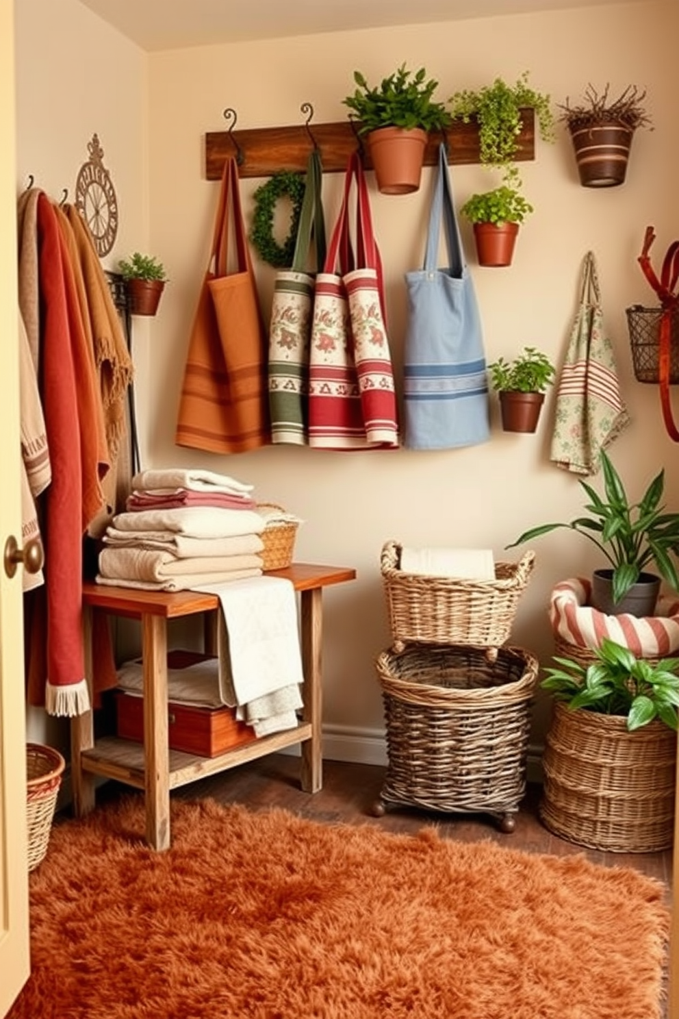 A cozy laundry room filled with layered textiles in warm earth tones. The walls are painted a soft beige, and the floor is adorned with a plush area rug in rich browns and terracotta hues. A vintage wooden folding table is positioned against one wall, topped with neatly folded towels and a wicker basket. Decorative wall hooks hold colorful aprons, while potted plants add a touch of greenery to the space.