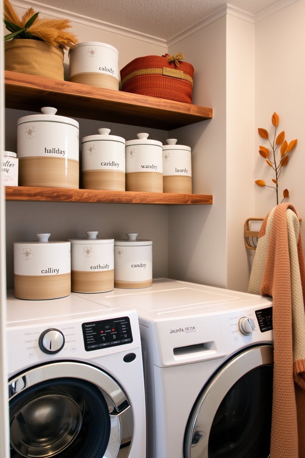 Chic ceramic containers for laundry supplies are arranged neatly on a floating shelf. The containers feature a modern design with subtle textures and earthy tones that complement the overall decor. The laundry room is adorned with autumn-themed decorations, including warm-colored throw pillows and a cozy rug. Soft lighting enhances the inviting atmosphere, making the space both functional and stylish.