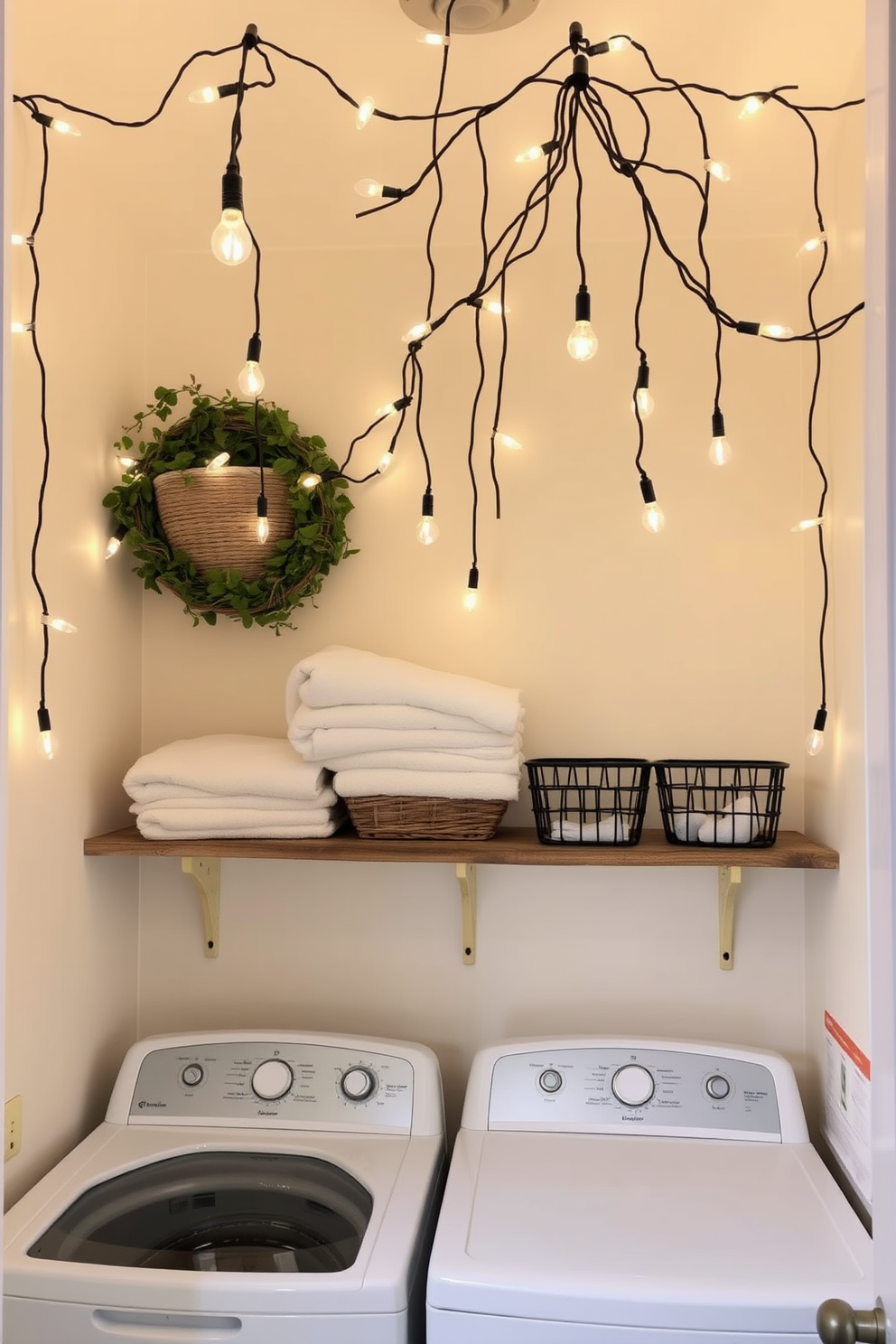 A cozy laundry room adorned with hanging string lights that create a warm and inviting atmosphere. The walls are painted in soft pastel colors, and a rustic wooden shelf displays neatly folded towels and decorative baskets.