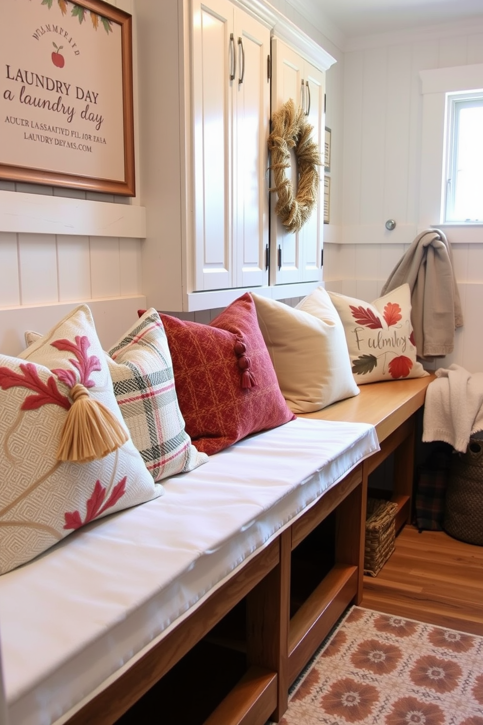 A cozy laundry room adorned with seasonal throw pillows on wooden benches. The pillows feature warm autumn colors and patterns, creating a welcoming atmosphere for laundry day.