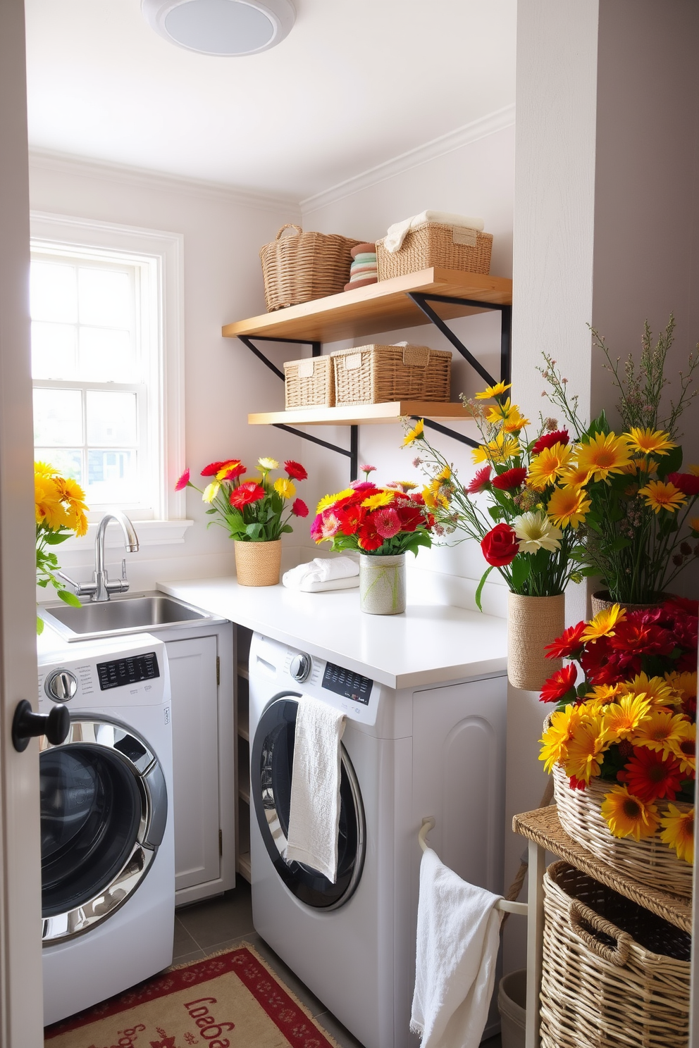 A bright and inviting laundry room filled with fresh flowers in autumn colors. The space features a spacious countertop for folding clothes, complemented by woven baskets for storage and a warm, rustic wooden shelving unit above.