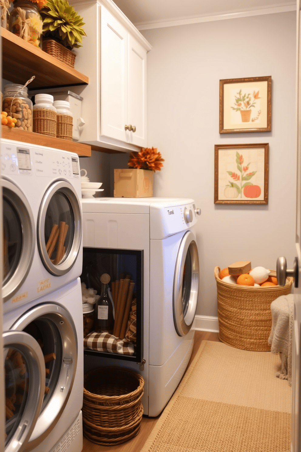 A cozy laundry room designed for fall includes decorative jars filled with seasonal treats like cinnamon sticks and dried orange slices. The space features warm tones with touches of rustic decor, such as wooden shelving and autumn-themed artwork on the walls.