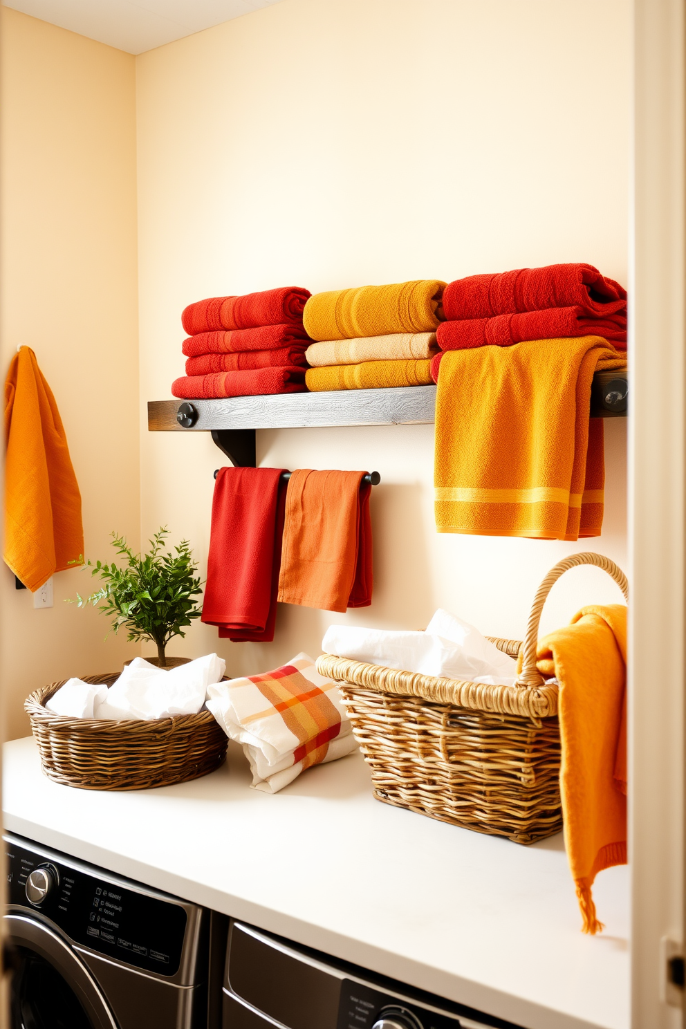 A cozy laundry room adorned with warm autumn colored towels and linens. The walls are painted in a soft cream hue, and a rustic wooden shelf displays neatly folded towels in shades of burnt orange, deep red, and golden yellow. A wicker basket filled with fresh linens sits in one corner, adding a touch of natural texture. A small potted plant on the countertop brings a hint of greenery to the inviting space.