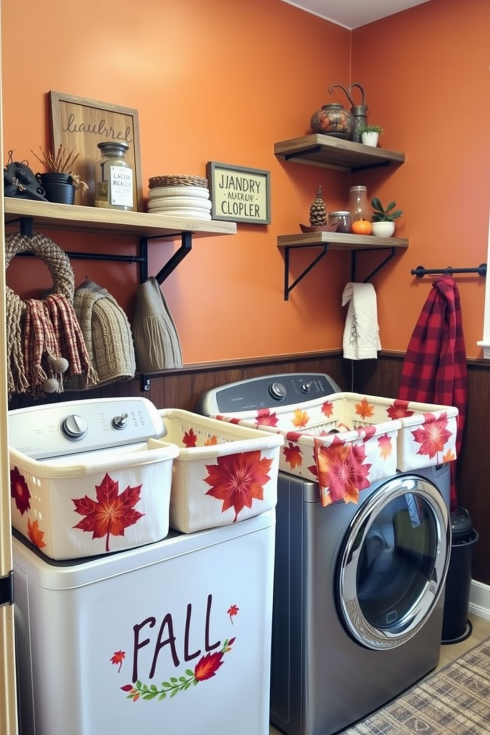 A cozy laundry room featuring customized laundry baskets adorned with vibrant fall designs. The walls are painted in warm earthy tones, complemented by rustic wooden shelves displaying seasonal decor.