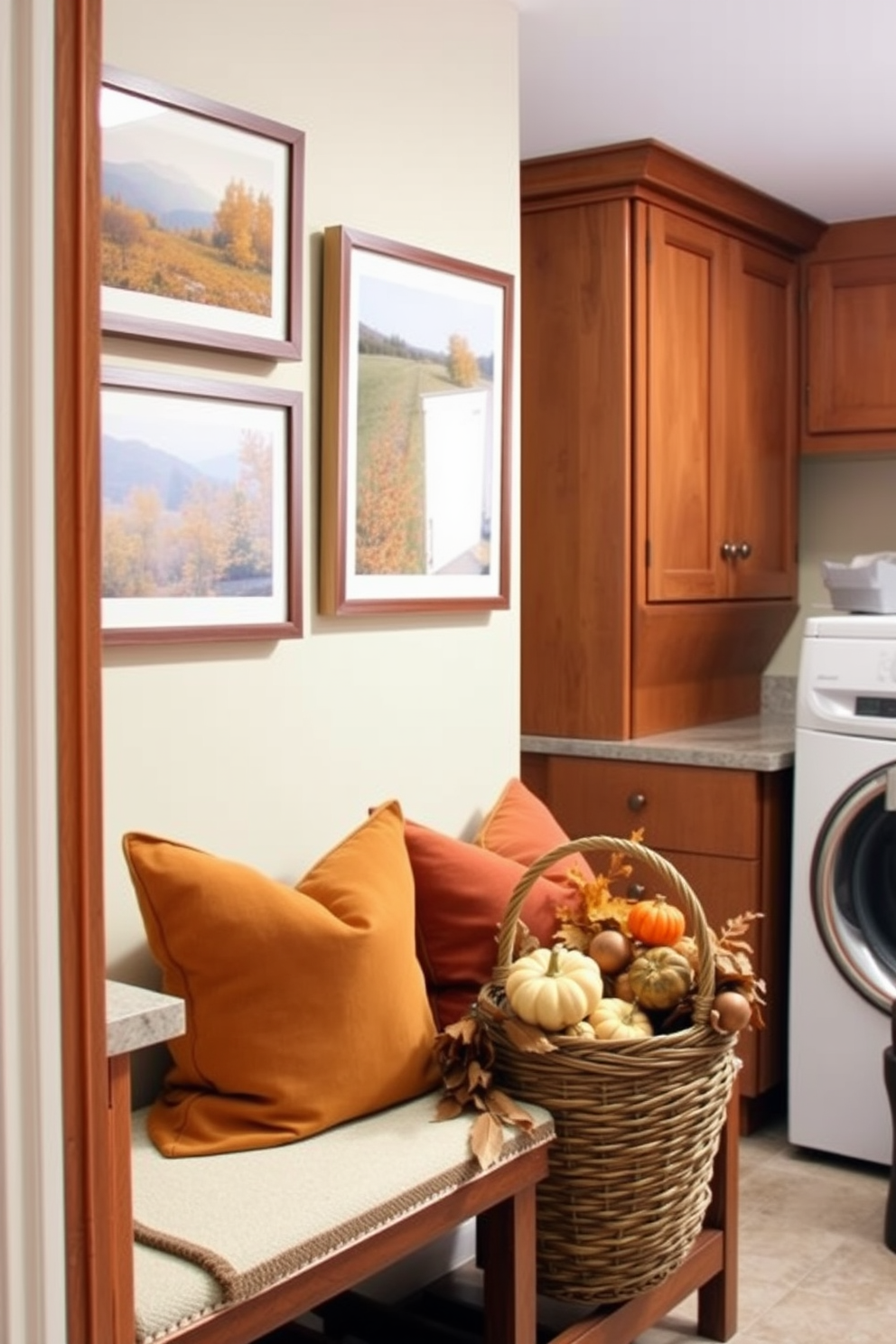 Framed photographs of autumn landscapes adorn the walls of a cozy laundry room. The space features warm wood cabinetry and a stylish countertop, creating an inviting atmosphere. Fall laundry room decorating ideas include soft throw pillows in rich, earthy tones placed on a bench. A basket filled with seasonal decorations, such as mini pumpkins and dried leaves, adds a festive touch to the room.