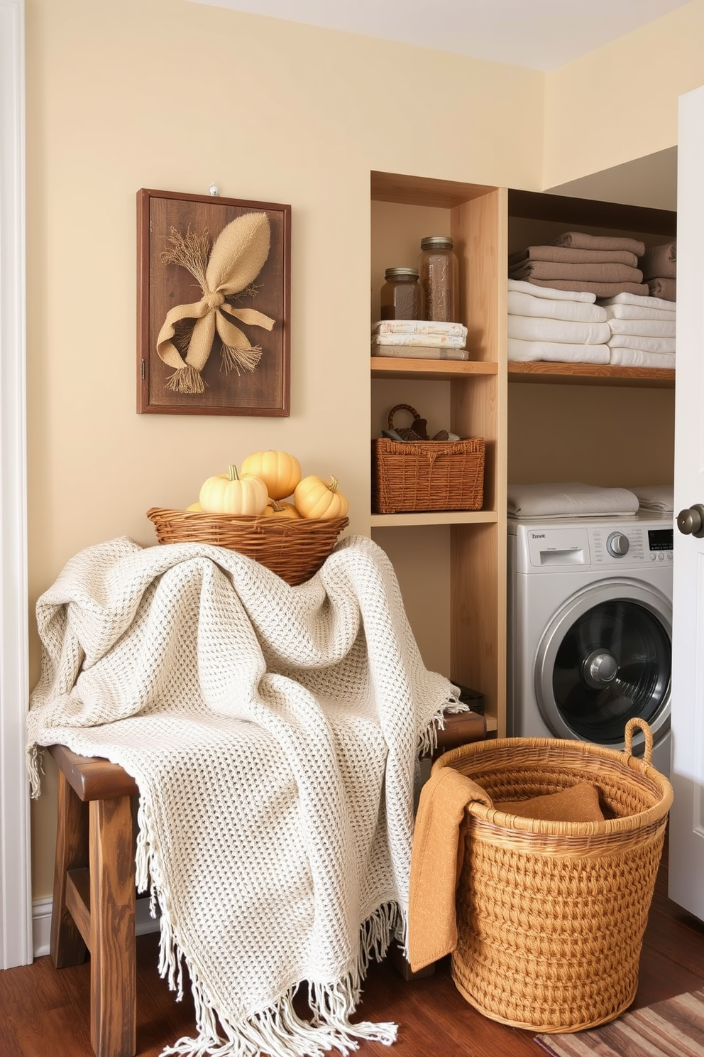 Textured blankets in soft earth tones are draped over a rustic wooden bench, creating a cozy and inviting atmosphere. The walls are painted in a warm cream shade, and a woven basket filled with seasonal pumpkins adds a touch of autumn charm. In the laundry room, open shelving displays neatly folded towels and decorative jars filled with laundry essentials. A stylish laundry basket sits on the floor, complementing the overall aesthetic with a pop of color.