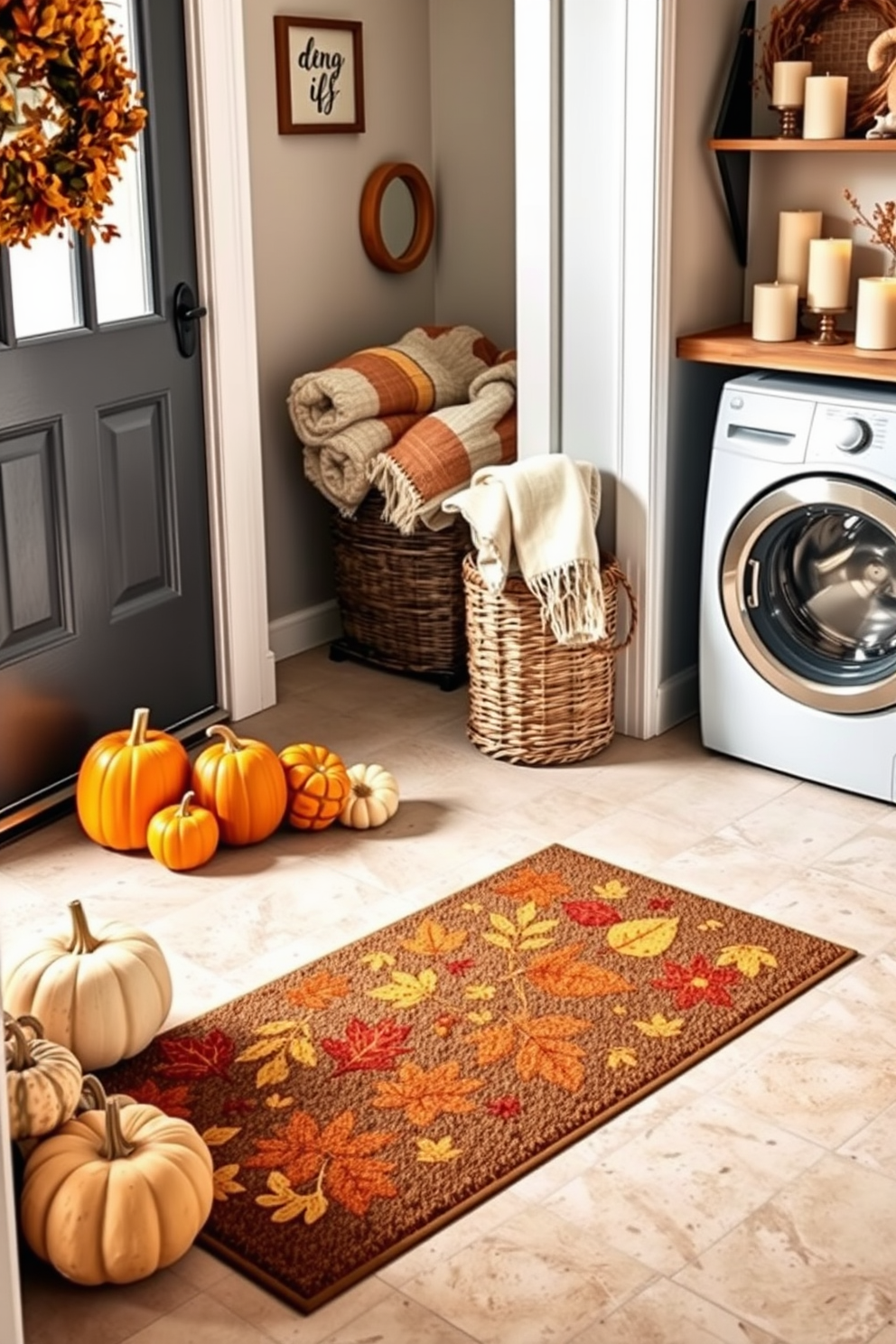 A seasonal doormat is placed at the entrance featuring autumn leaves and warm colors. Surrounding the doormat, pumpkins and gourds are arranged to enhance the fall theme. The laundry room is decorated with cozy elements like a woven basket filled with blankets. A wall-mounted shelf displays seasonal decorations and scented candles for a welcoming atmosphere.