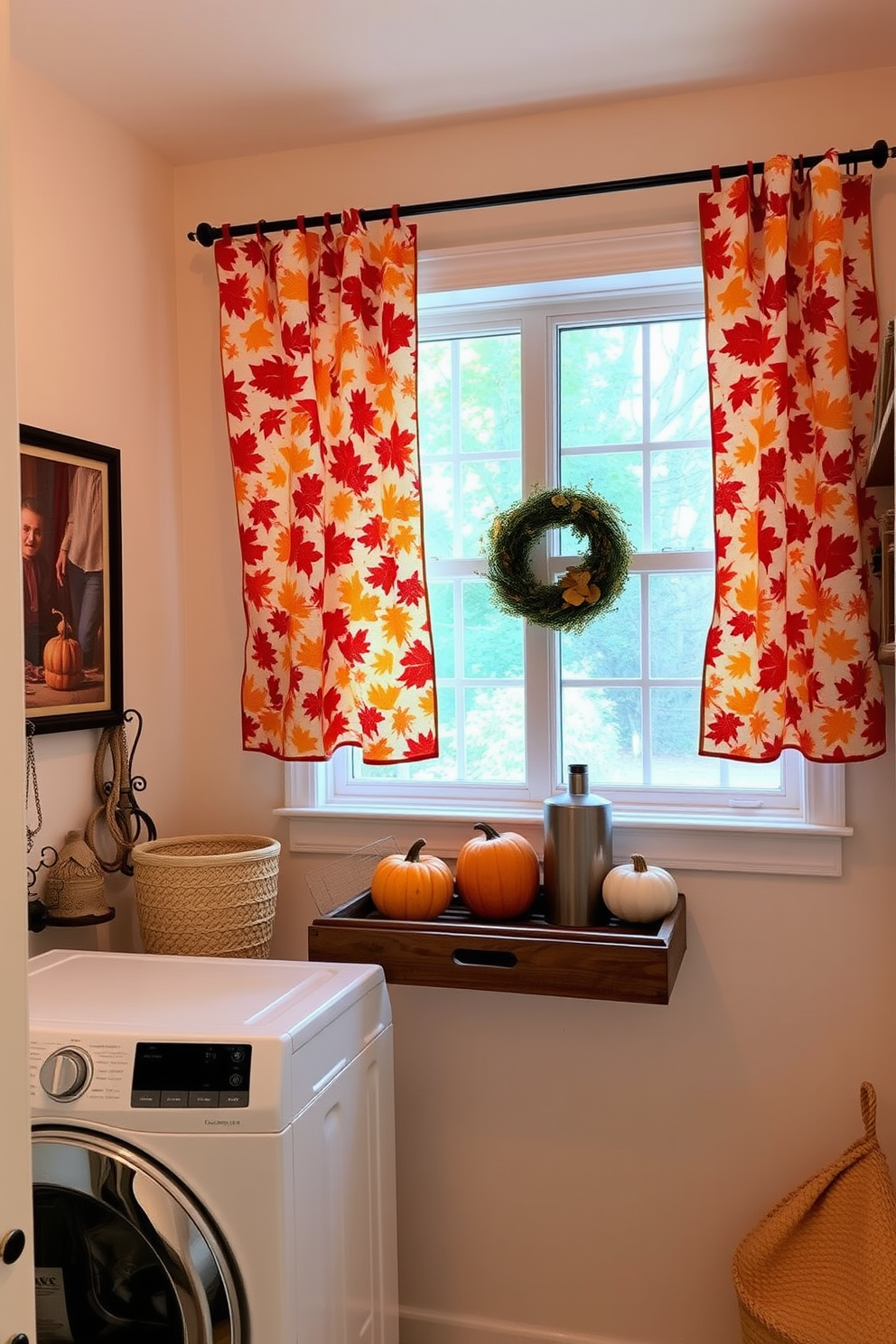 A cozy laundry room adorned with fall-themed curtains that feature warm hues of orange, red, and yellow leaves. The curtains gently frame a large window, allowing soft natural light to illuminate the space. The walls are painted in a soft cream color, creating a bright and inviting atmosphere. A rustic wooden shelf displays decorative pumpkins and autumn-inspired accents, enhancing the seasonal charm.