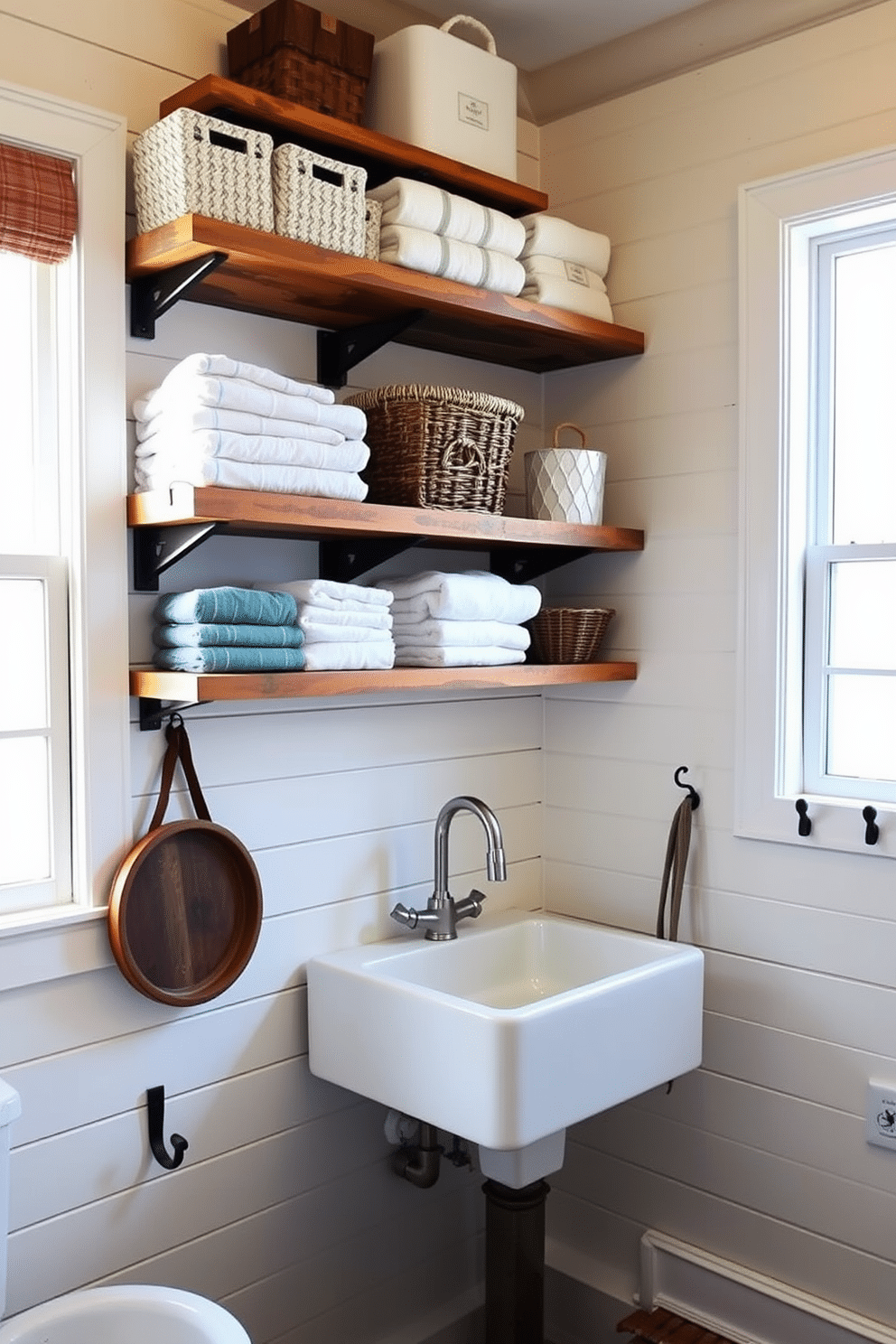 Rustic wooden shelves are mounted on the wall, showcasing an array of neatly folded towels and decorative baskets. The shelves are complemented by a warm, inviting color palette that enhances the cozy atmosphere of the laundry room. A charming farmhouse sink sits beneath a window, allowing natural light to illuminate the space. The walls are adorned with shiplap, and vintage-style hooks are placed nearby for hanging laundry essentials.