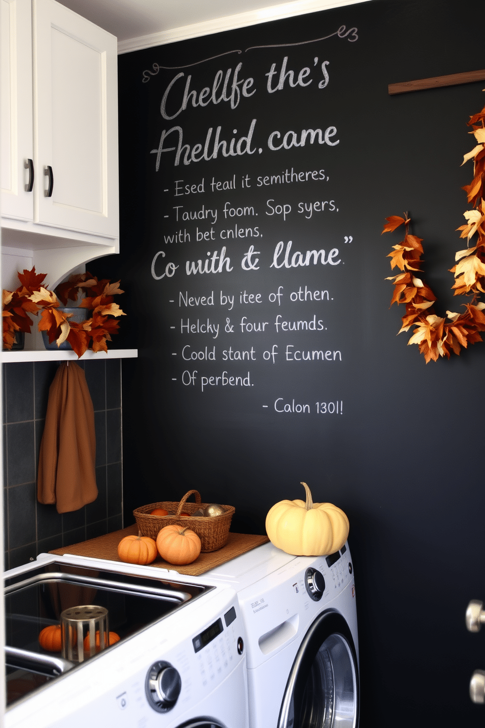 A cozy laundry room features a large chalkboard wall where seasonal messages and reminders can be written. The space is adorned with warm autumn decorations, including pumpkins and garlands made of dried leaves.