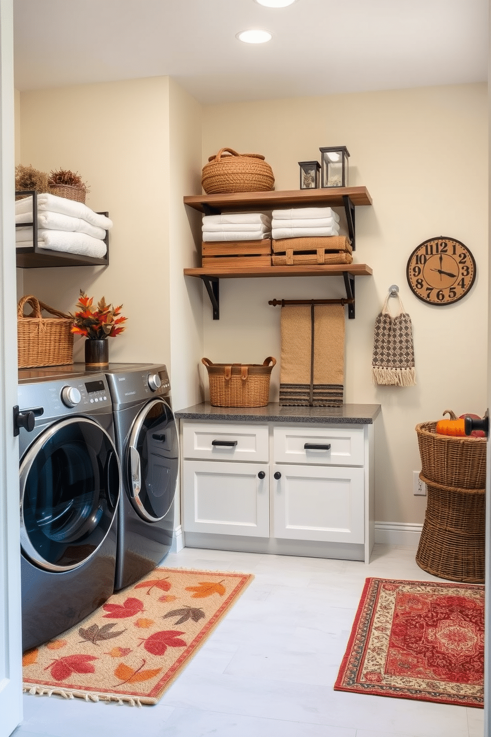 A cozy laundry room featuring autumn colored rugs that add warmth to the space. The walls are painted in a soft cream hue, and rustic shelving displays neatly folded towels and seasonal decor.