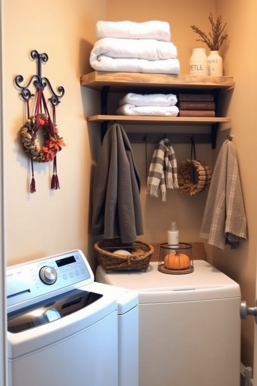 A charming laundry room decorated for fall. The walls are painted in a warm beige tone, and decorative hooks are mounted on the wall, displaying seasonal accessories like scarves and small wreaths. A cozy area rug in autumnal colors adds warmth to the space. A wooden shelf above the washer and dryer holds neatly folded towels and seasonal decor items.