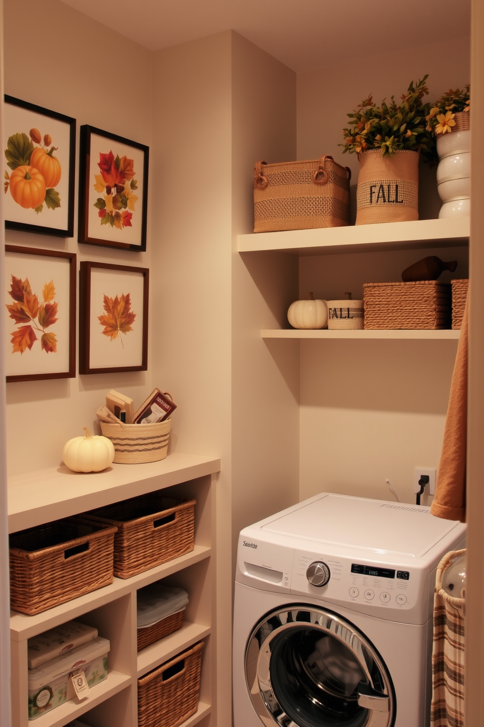 A cozy laundry room adorned with seasonal artwork featuring fall themes. The walls are decorated with framed prints of autumn leaves and pumpkins, creating a warm and inviting atmosphere. The laundry area features a functional yet stylish design with open shelving for storage. Soft, earthy tones dominate the color palette, complemented by decorative baskets and seasonal accents.