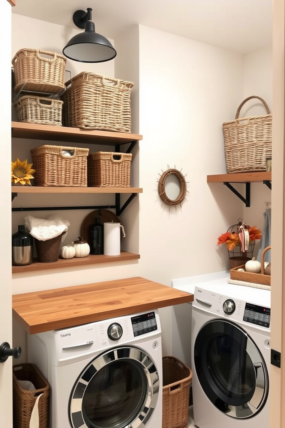 A cozy laundry room featuring decorative baskets for seasonal storage. The baskets are woven in natural fibers and arranged on open shelving, adding warmth and texture to the space. The walls are painted in a soft cream color, creating a bright and inviting atmosphere. A rustic wooden countertop provides a functional workspace, complemented by stylish accessories and seasonal decor.