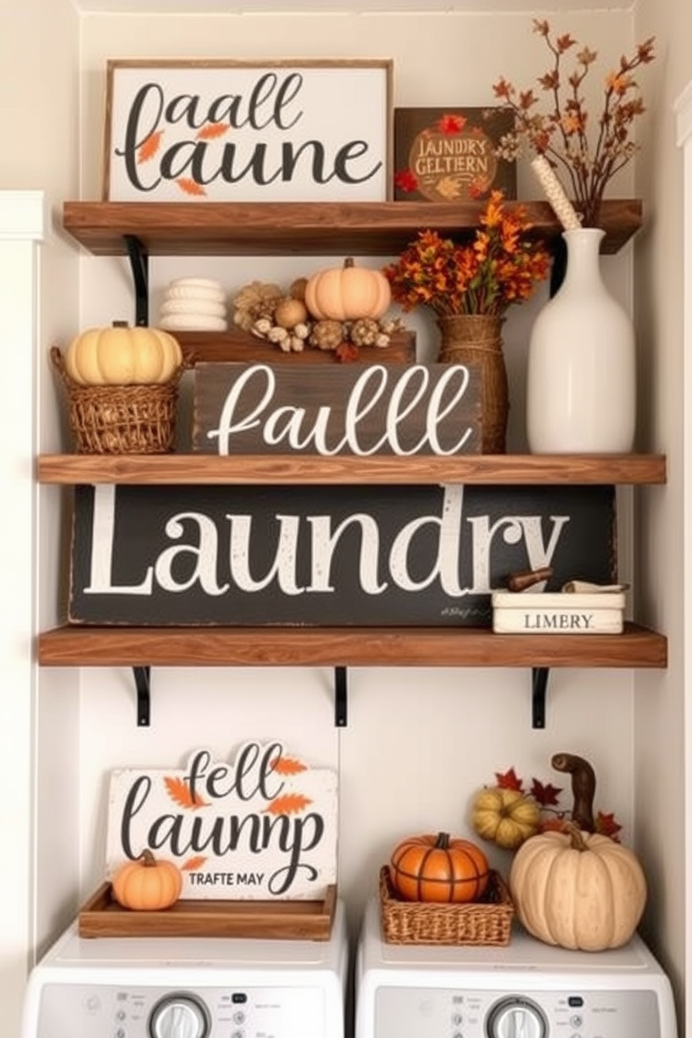 Stylish fall themed laundry signs featuring warm autumn colors and playful typography. Incorporate elements like pumpkins, leaves, and cozy textures to create a welcoming atmosphere in your laundry room. Fall laundry room decorating ideas that include rustic wooden shelves adorned with seasonal decor. Use soft lighting and earthy tones to enhance the inviting feel of the space.